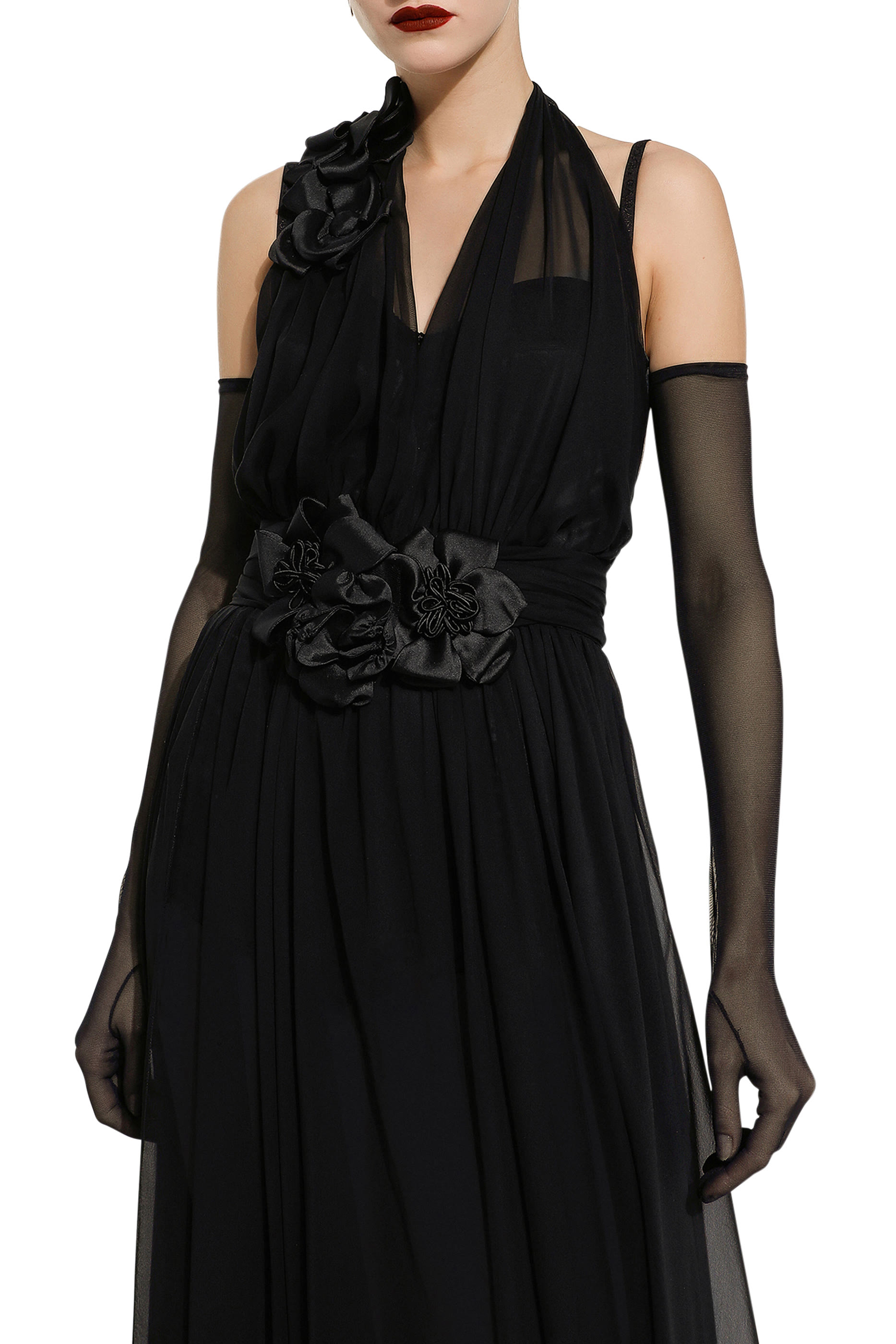 Long Silk Chiffon Dress with Floral Appliqu&eacute; 