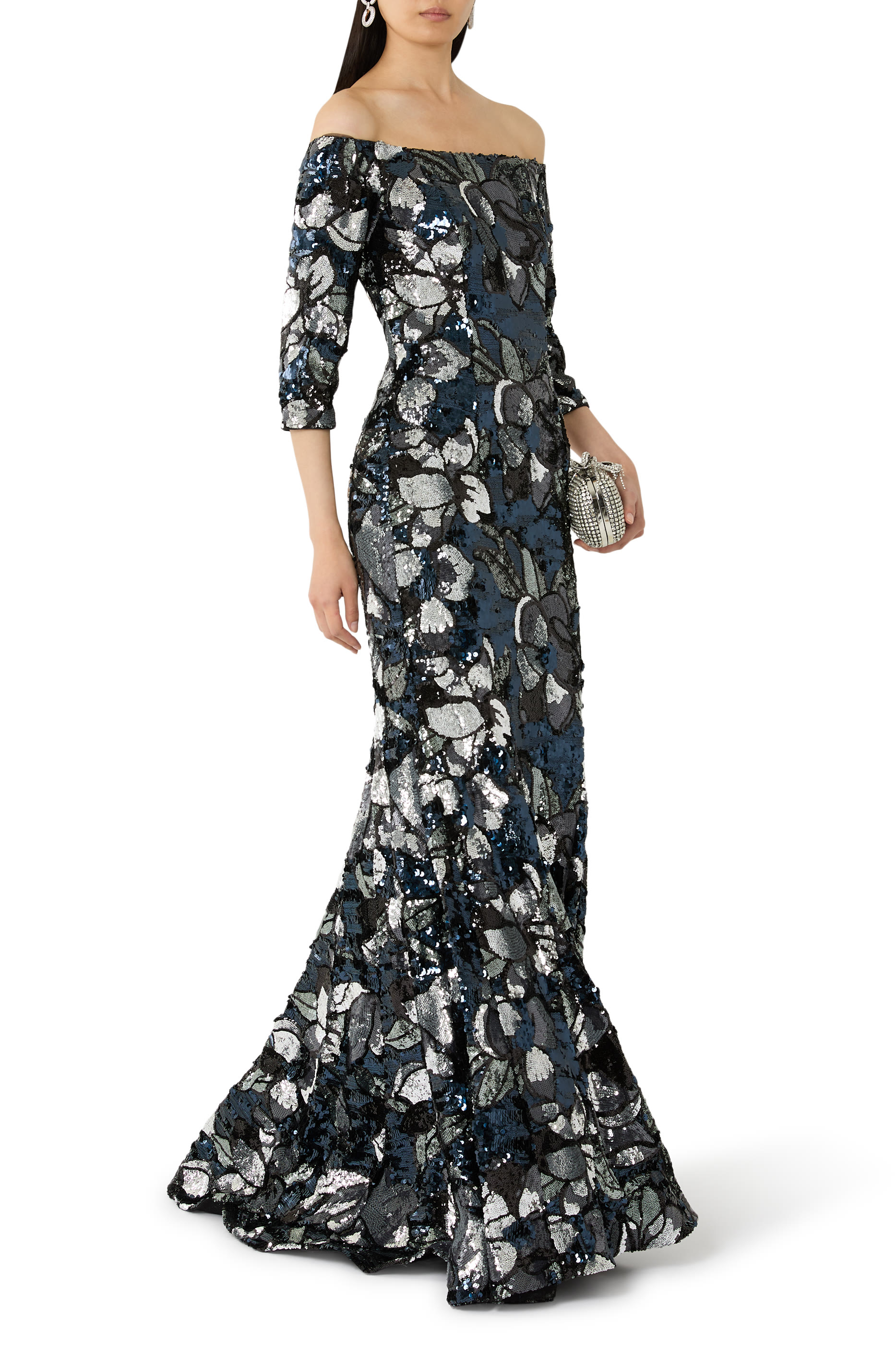 Off-Shoulder Sequin Floral Gown