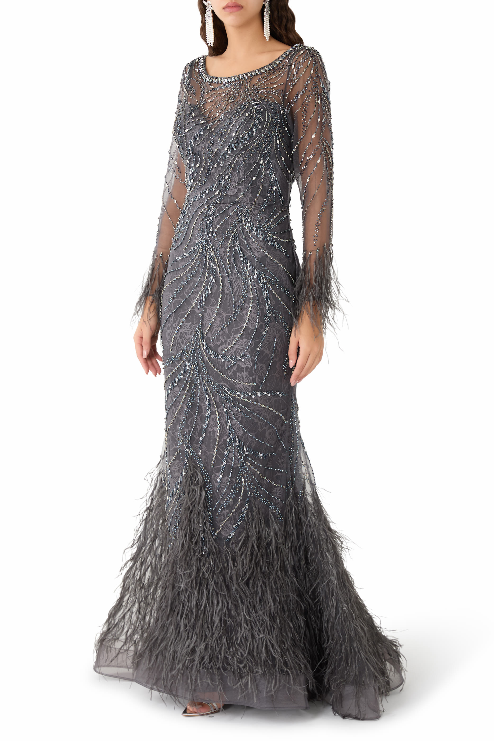 Embellished Long Sleeves Gown with Feathered Accents