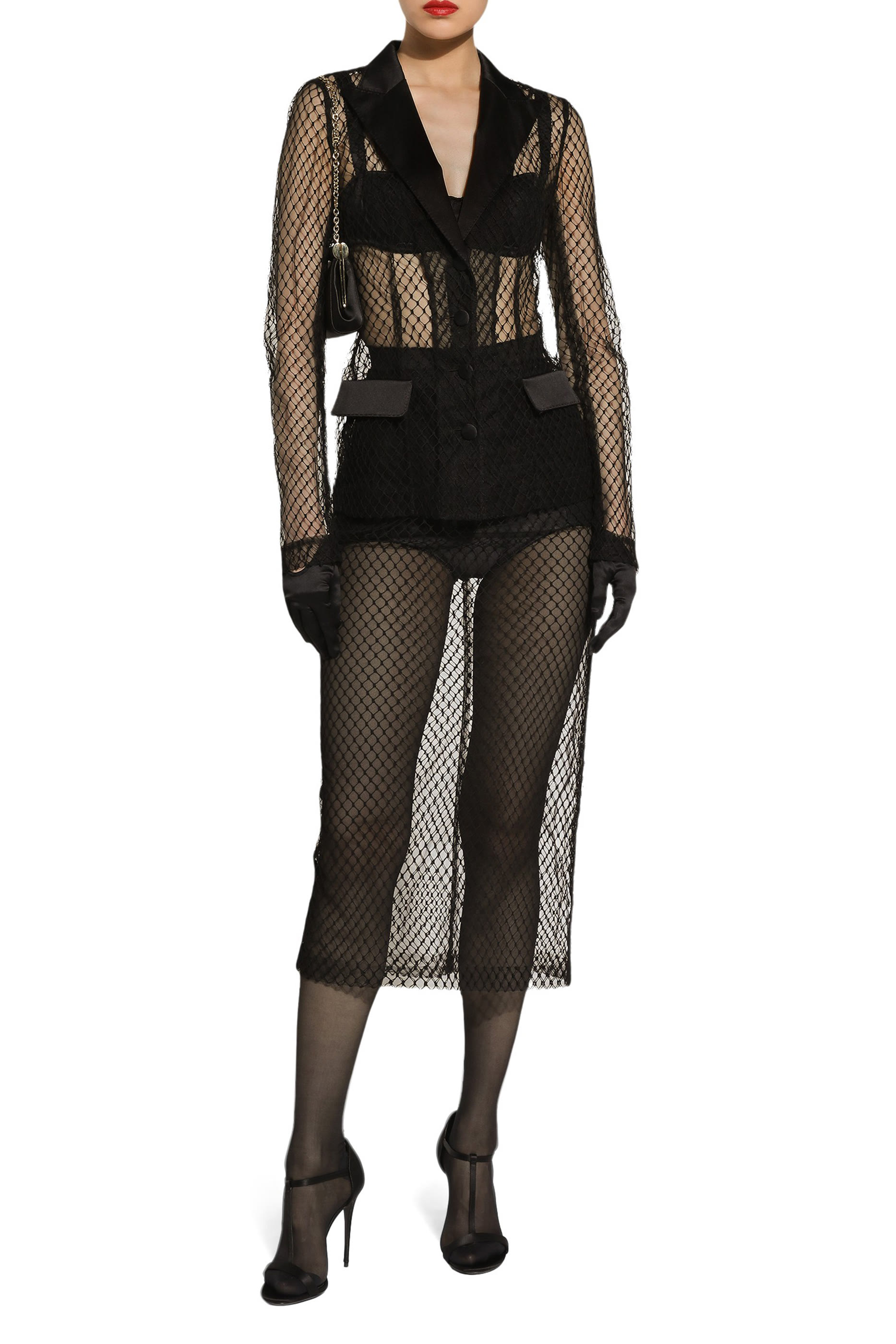 Mesh Calf-Length Pencil Skirt