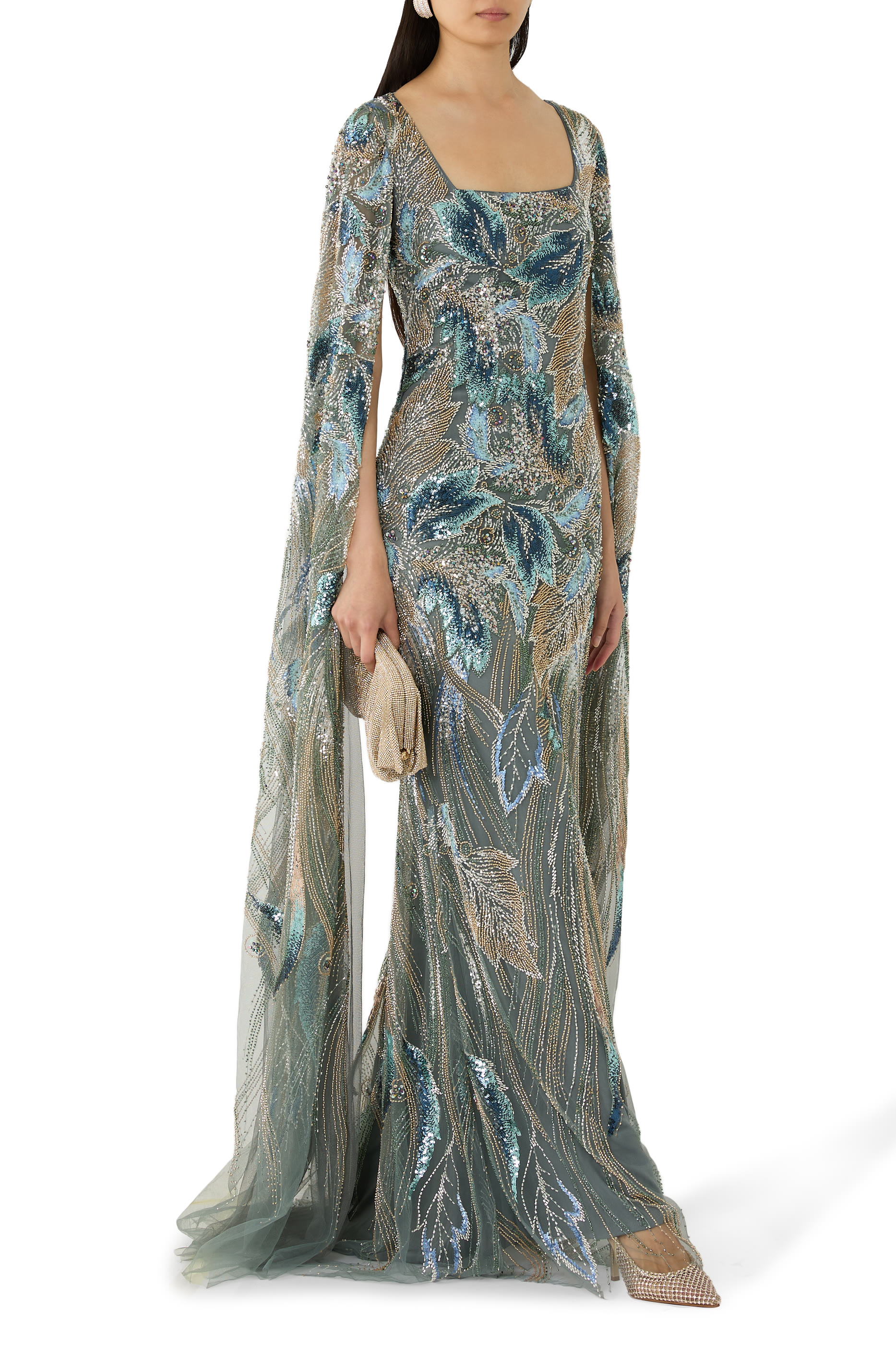 Beaded Cape Sleeves Gown