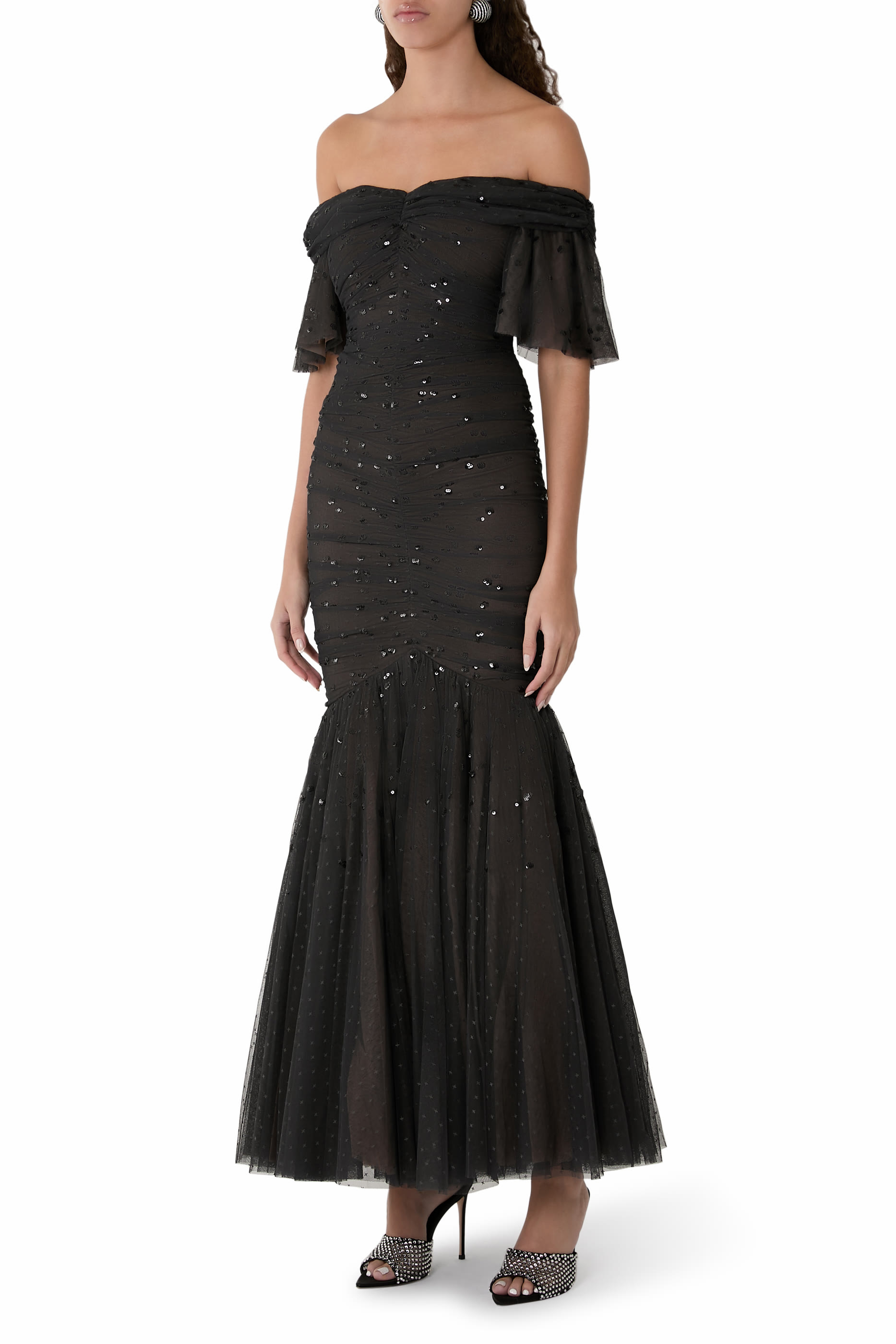 Dappled Sequin Rouched Off-Shoulder Gown