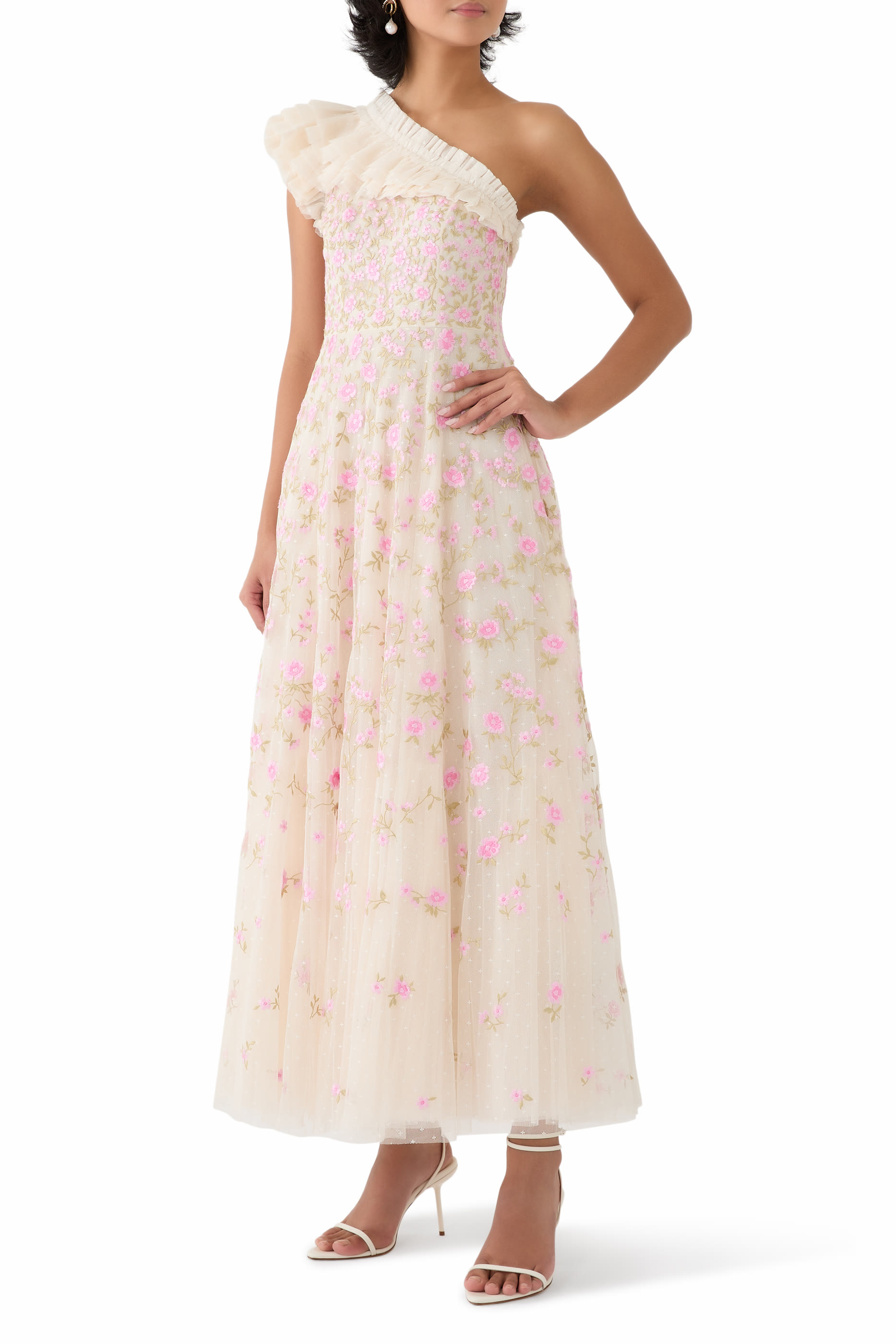 Lea Ditsy One-Shoulder Ankle Gown