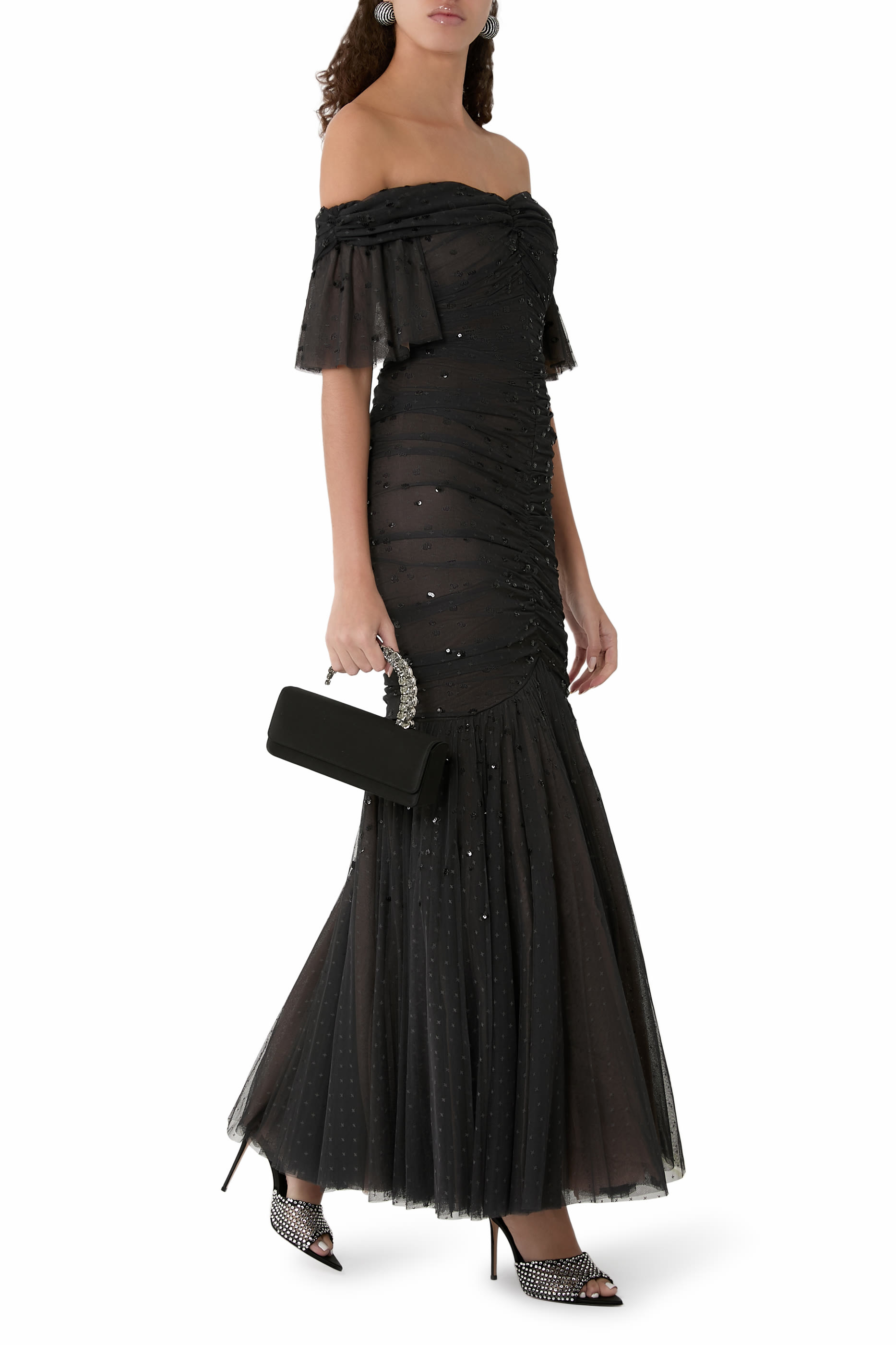 Dappled Sequin Rouched Off-Shoulder Gown