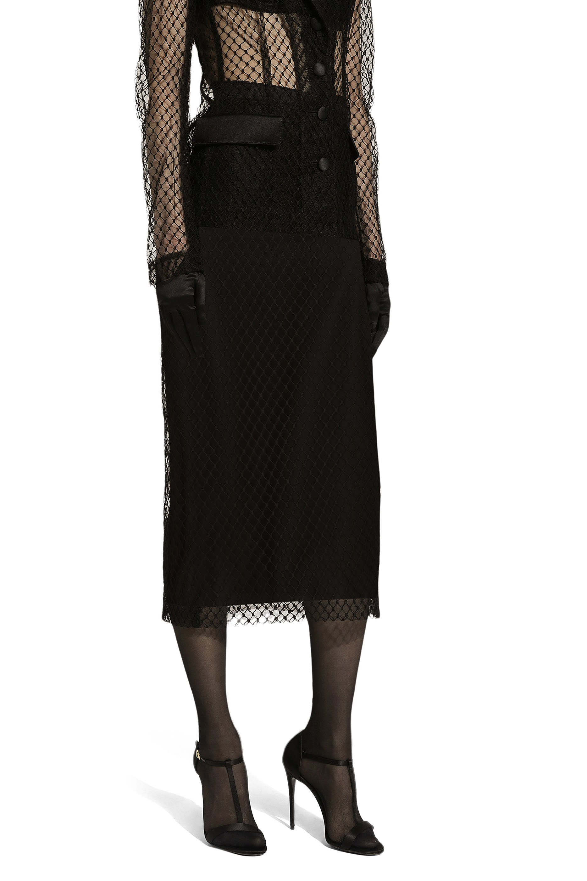 Mesh Calf-Length Pencil Skirt