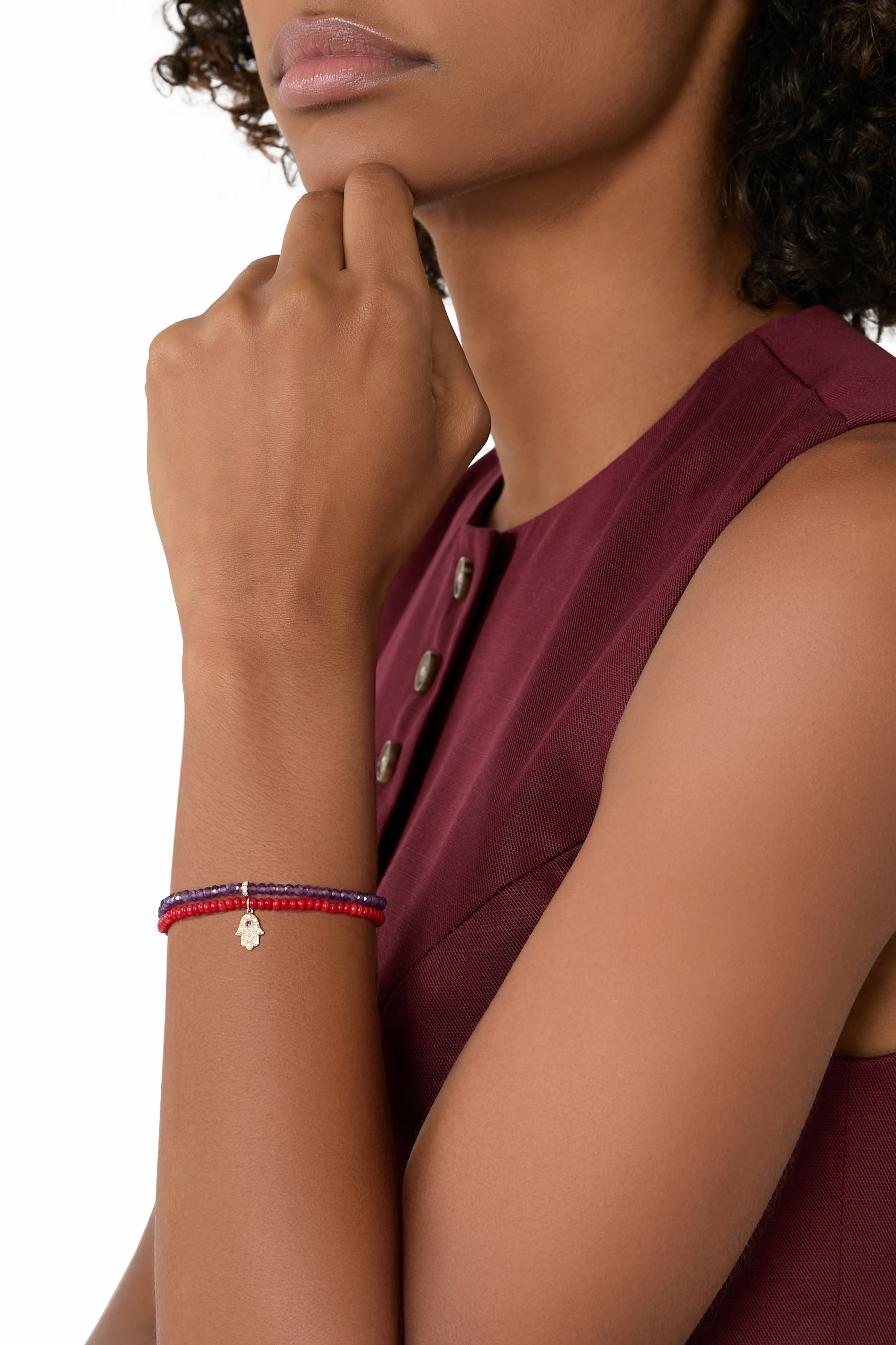 Rondelle Beaded Bracelet, 14K Yellow Gold with Diamonds & Amethyst Beads