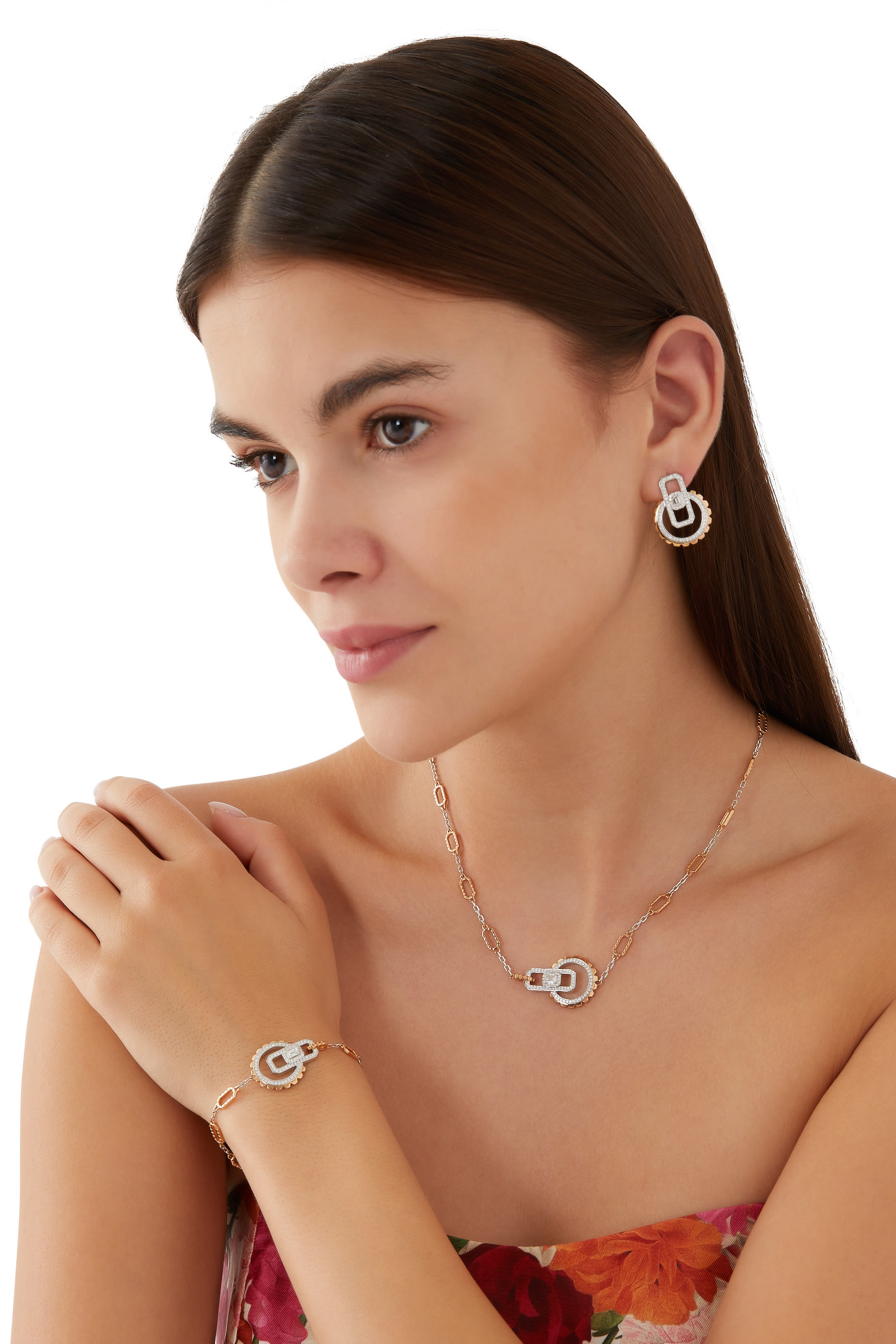 Empire Two-Tone Earrings, 18k Pink & White Gold, Diamonds