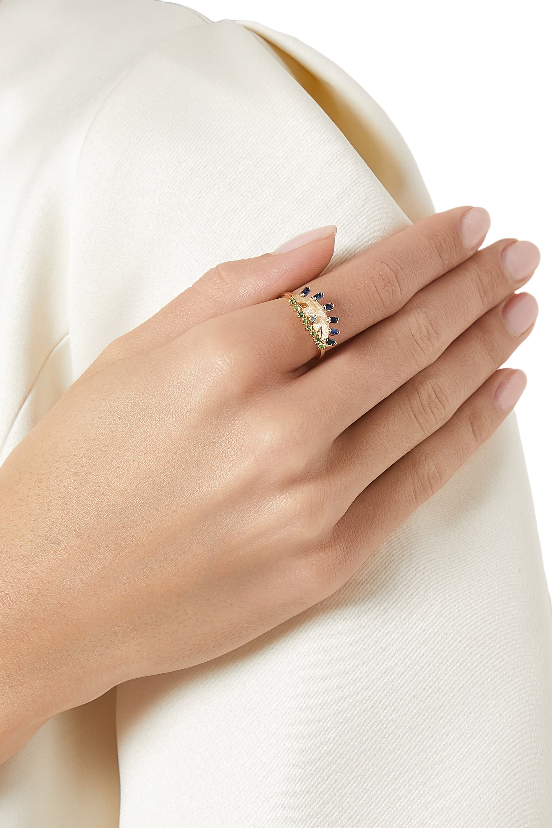  Ya Ein Ring, 18K Yellow Gold with Blue Topaz, Emerald & Sapphire 