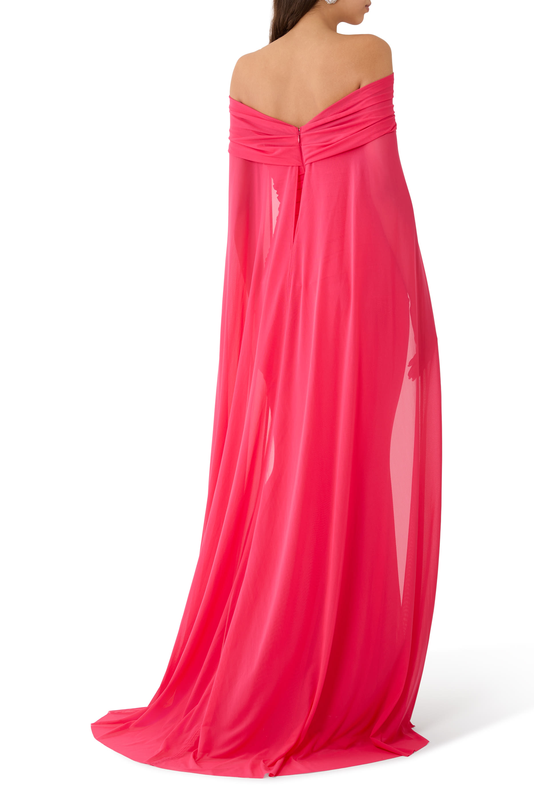 Stretch Tulle Cape Sleeve Gown