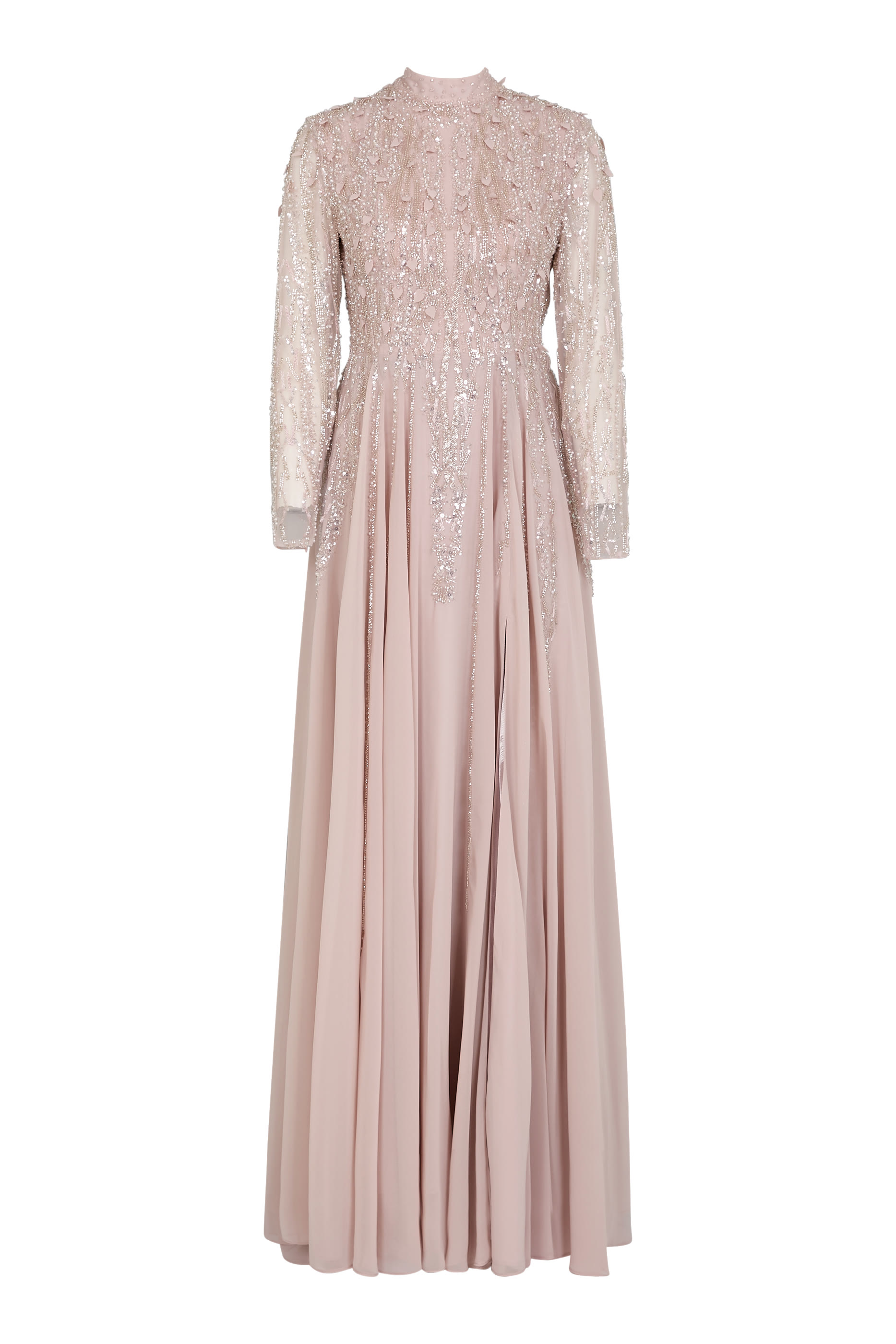  Embellished Long Sleeve Gown with Slit 