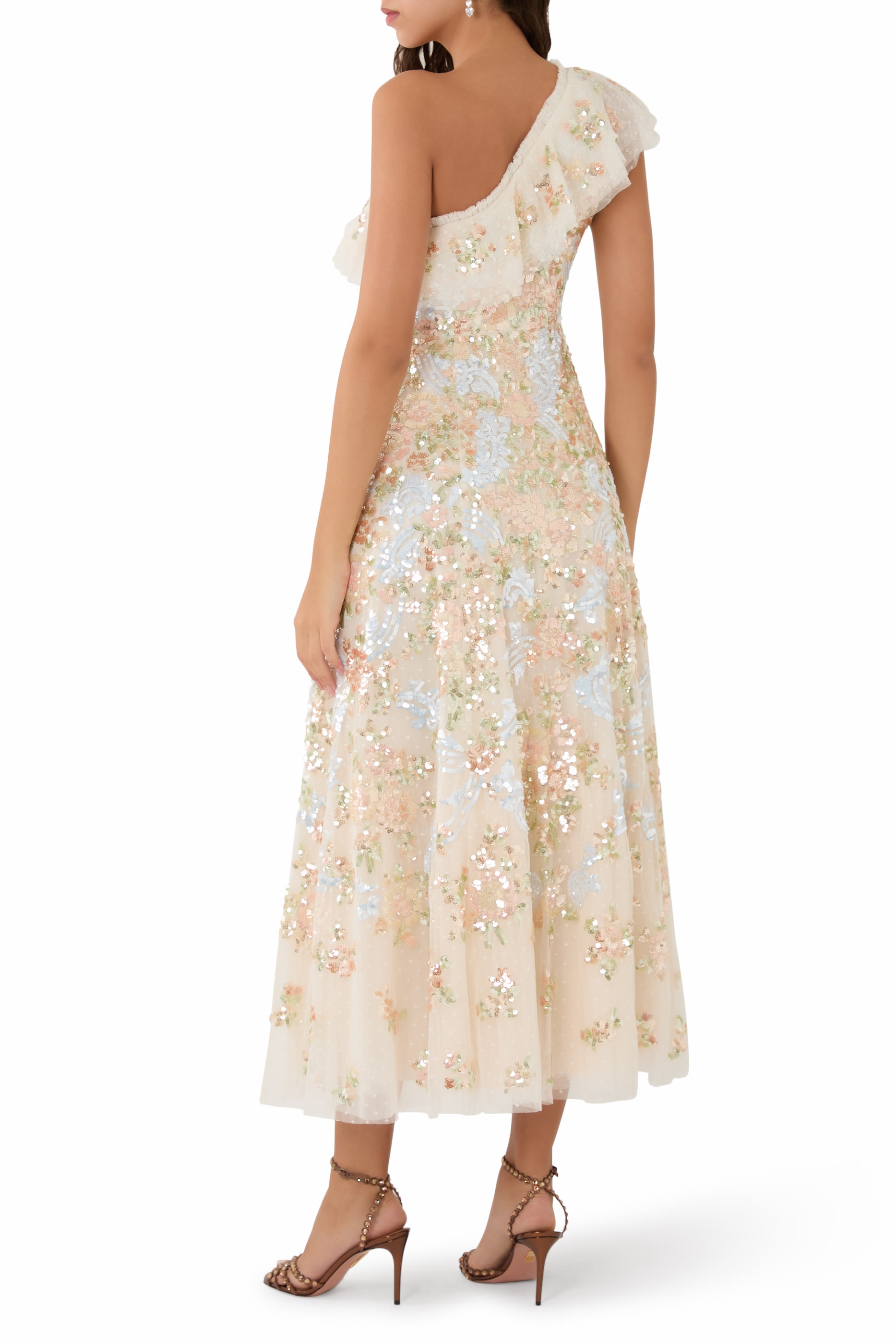 Baroque Floral One-Shoulder Ankle Gown