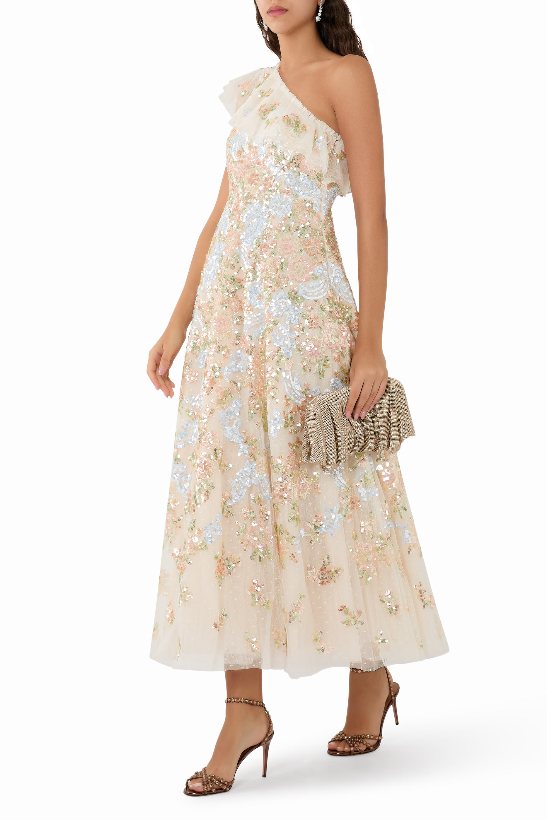 Baroque Floral One-Shoulder Ankle Gown