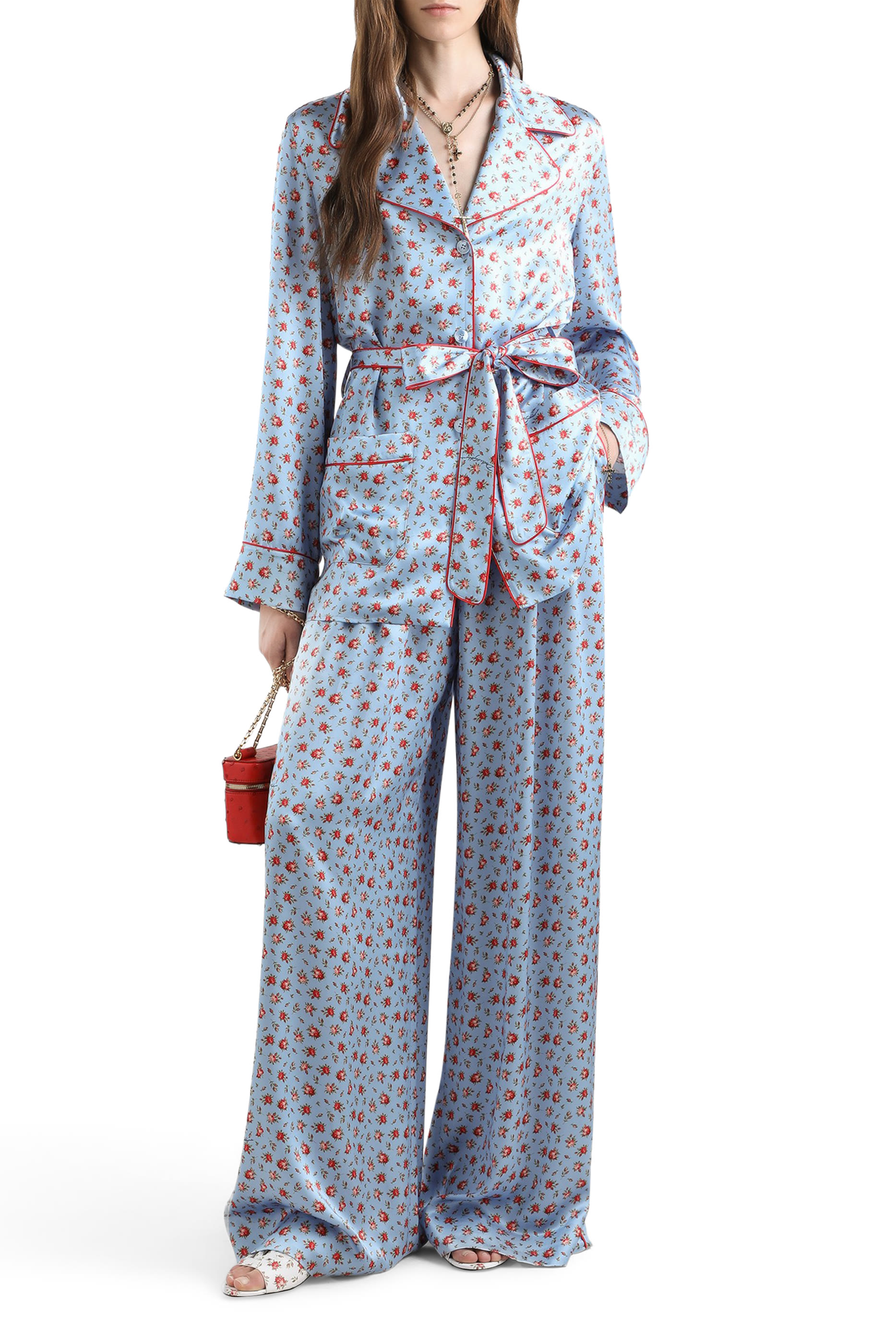 Small Rose-Print Wide Silk Trousers