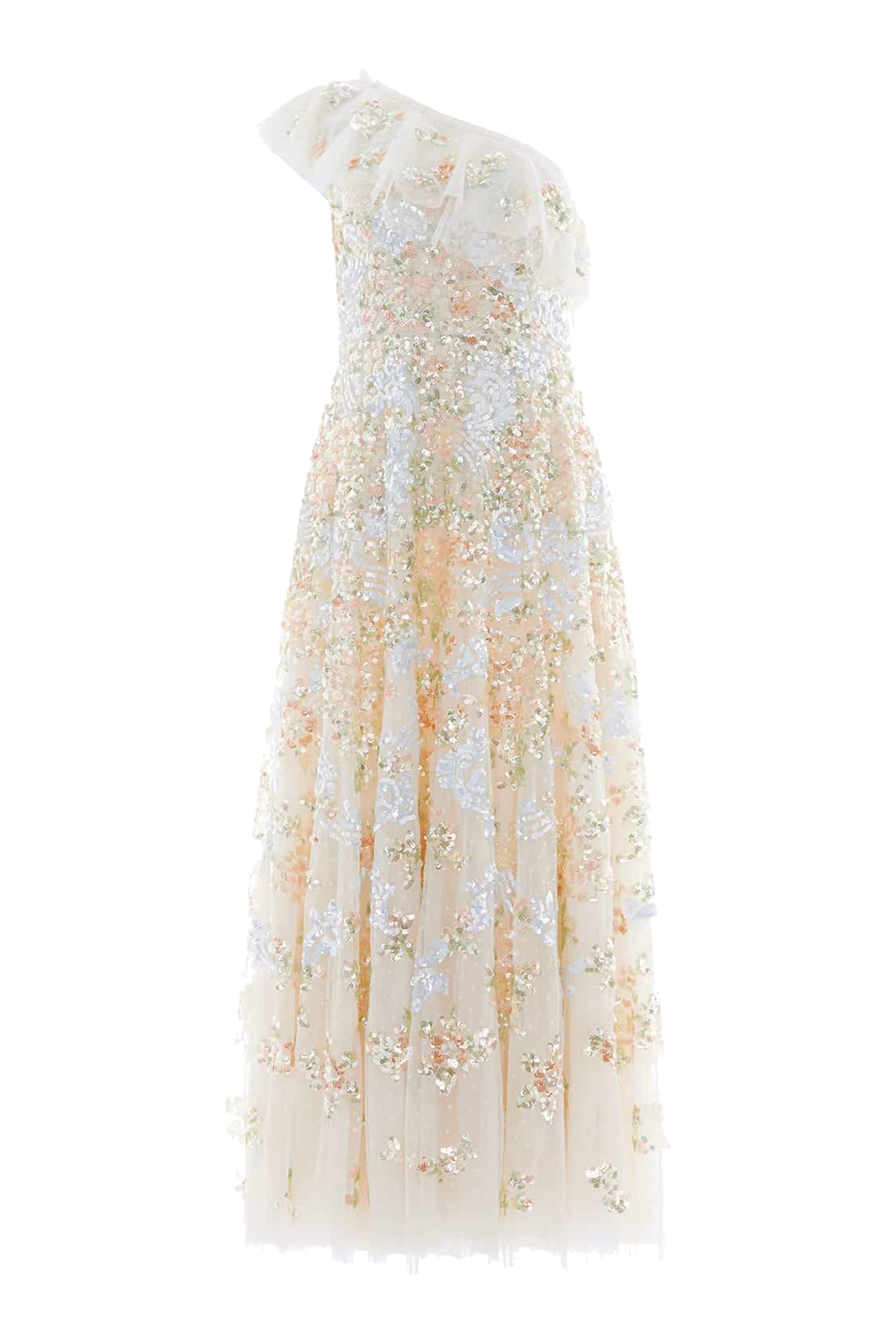 Baroque Floral One-Shoulder Ankle Gown