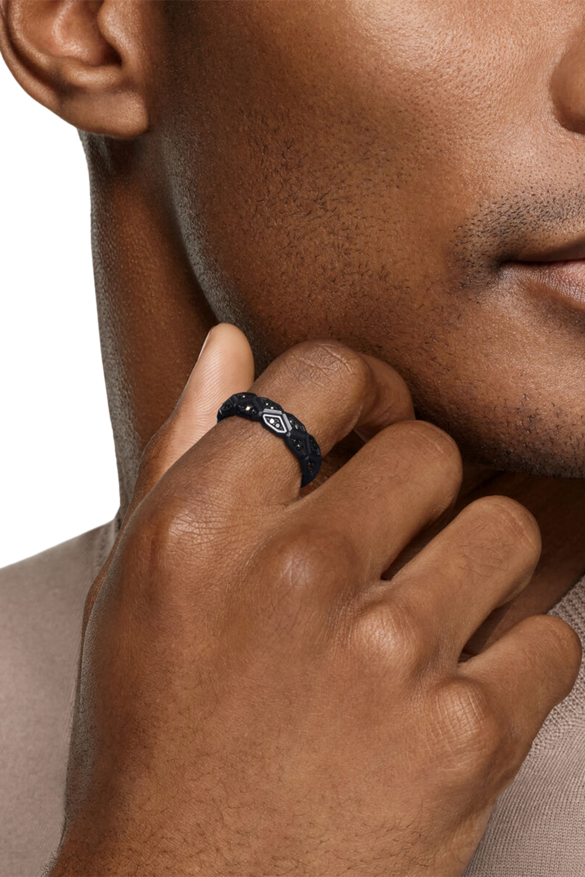  Hex Band Ring, Titanium & Black Diamonds