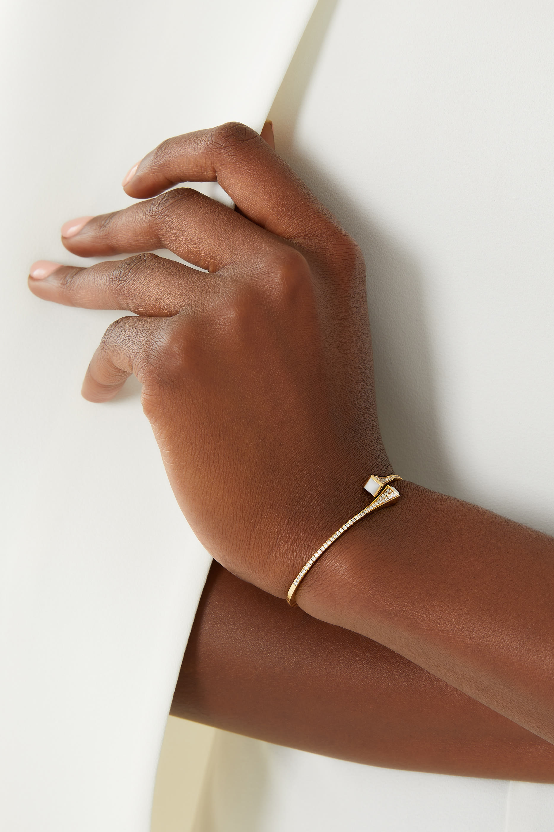 Cleo Slim Bangle, 18k Yellow Gold with White Agate & Diamonds