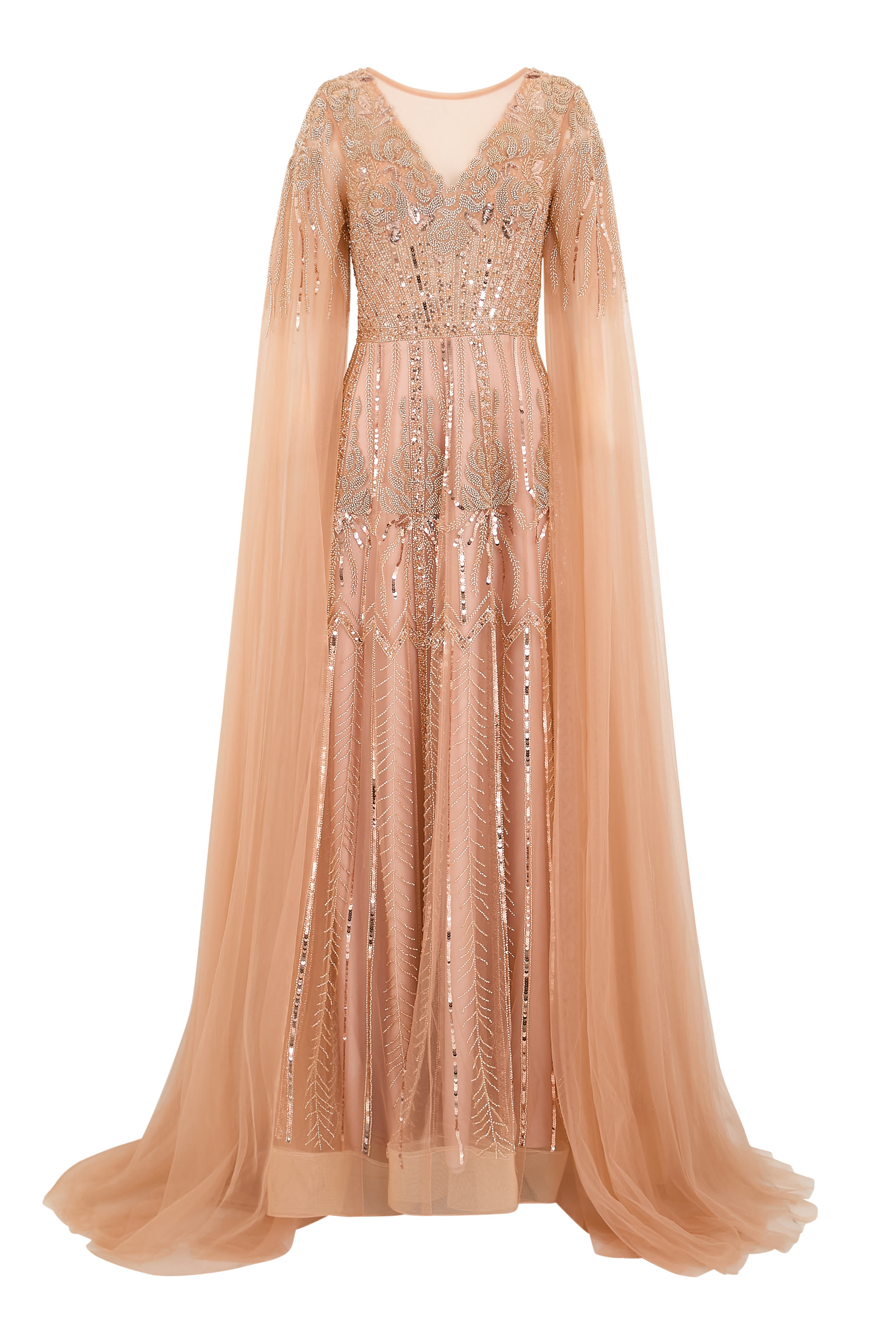 Cape-Sleeve Embellished Tulle Gown