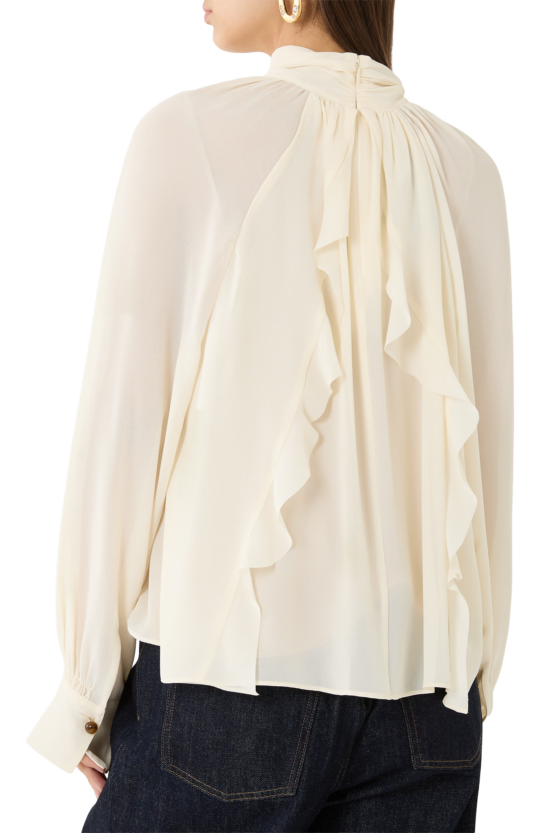 Gathered Draped-Neck Crepe Blouse