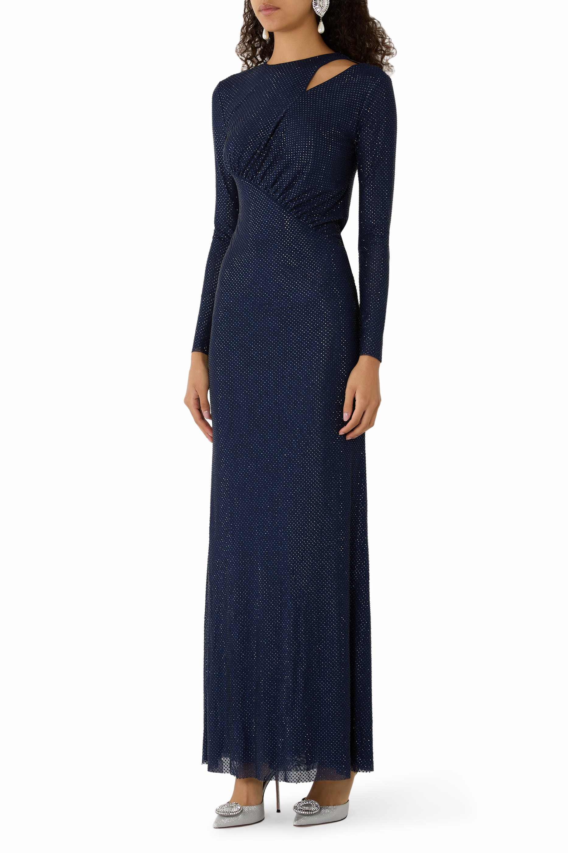 Rhinestone Mesh Cut-Out Maxi Dress