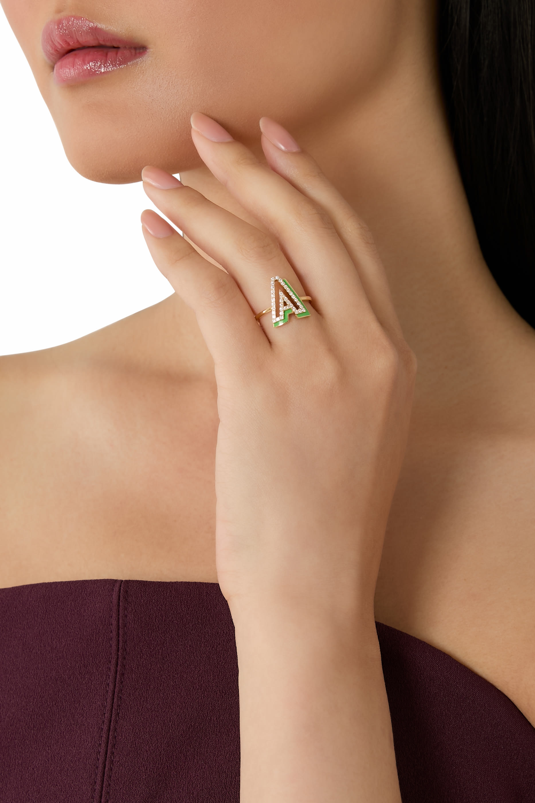 Letter 'A' Shadow Diamond Ring, 18K Yellow Gold, Pave Diamonds & Enamel