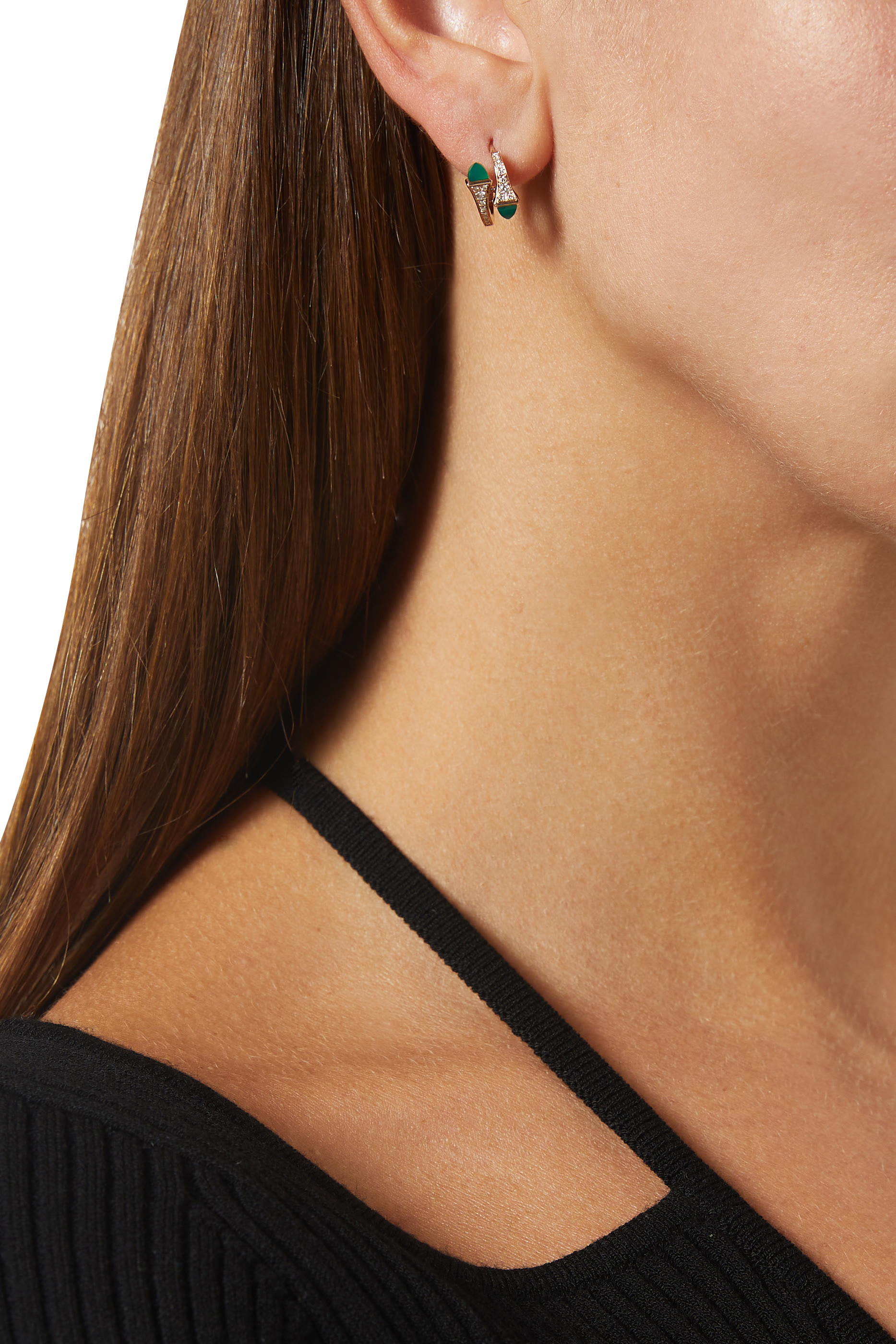 Cleo Huggie Earrings, 18k Rose Gold with Green Agate & Diamonds