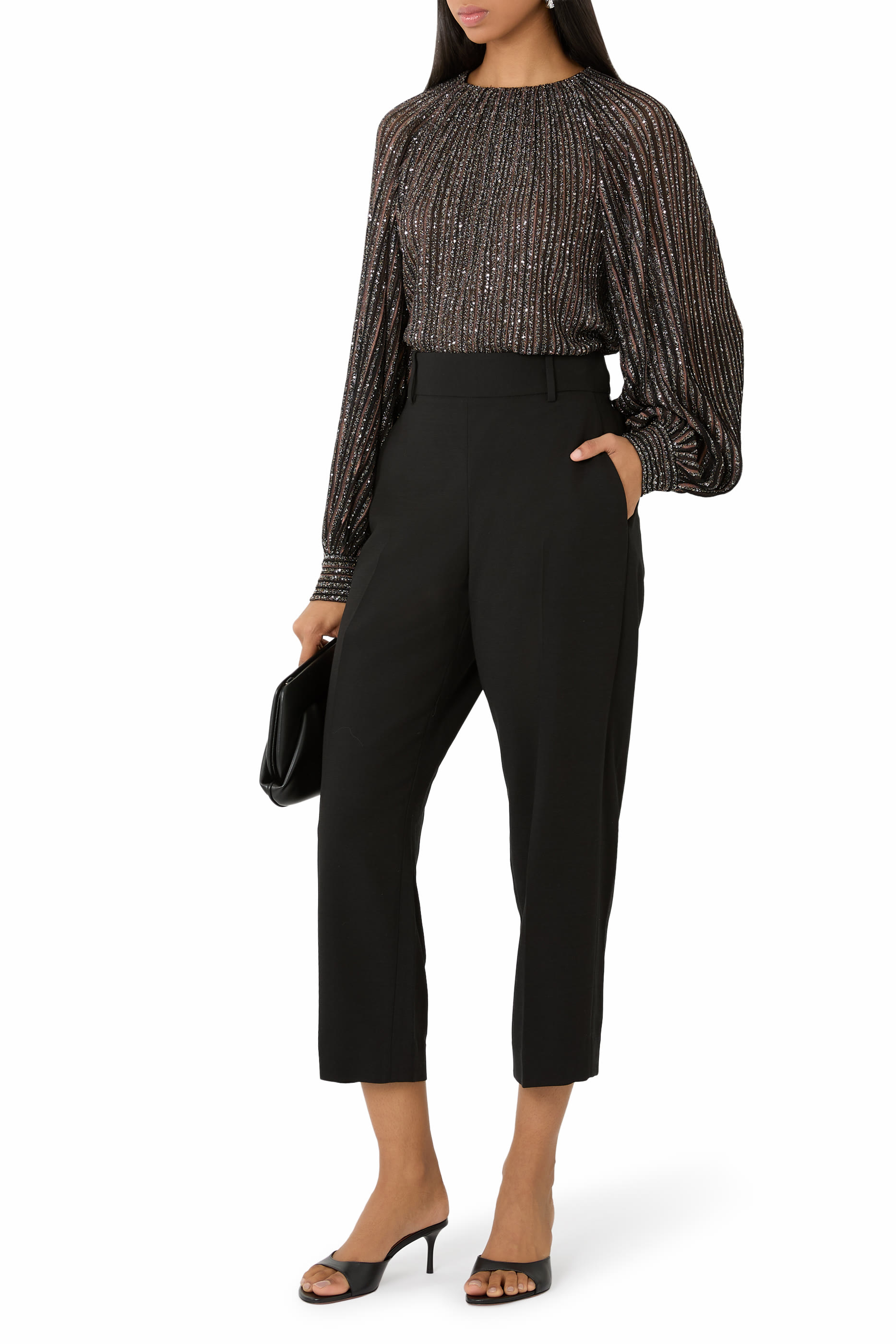 Flared Crew Neck Sweater with Lam&eacute; Stripes