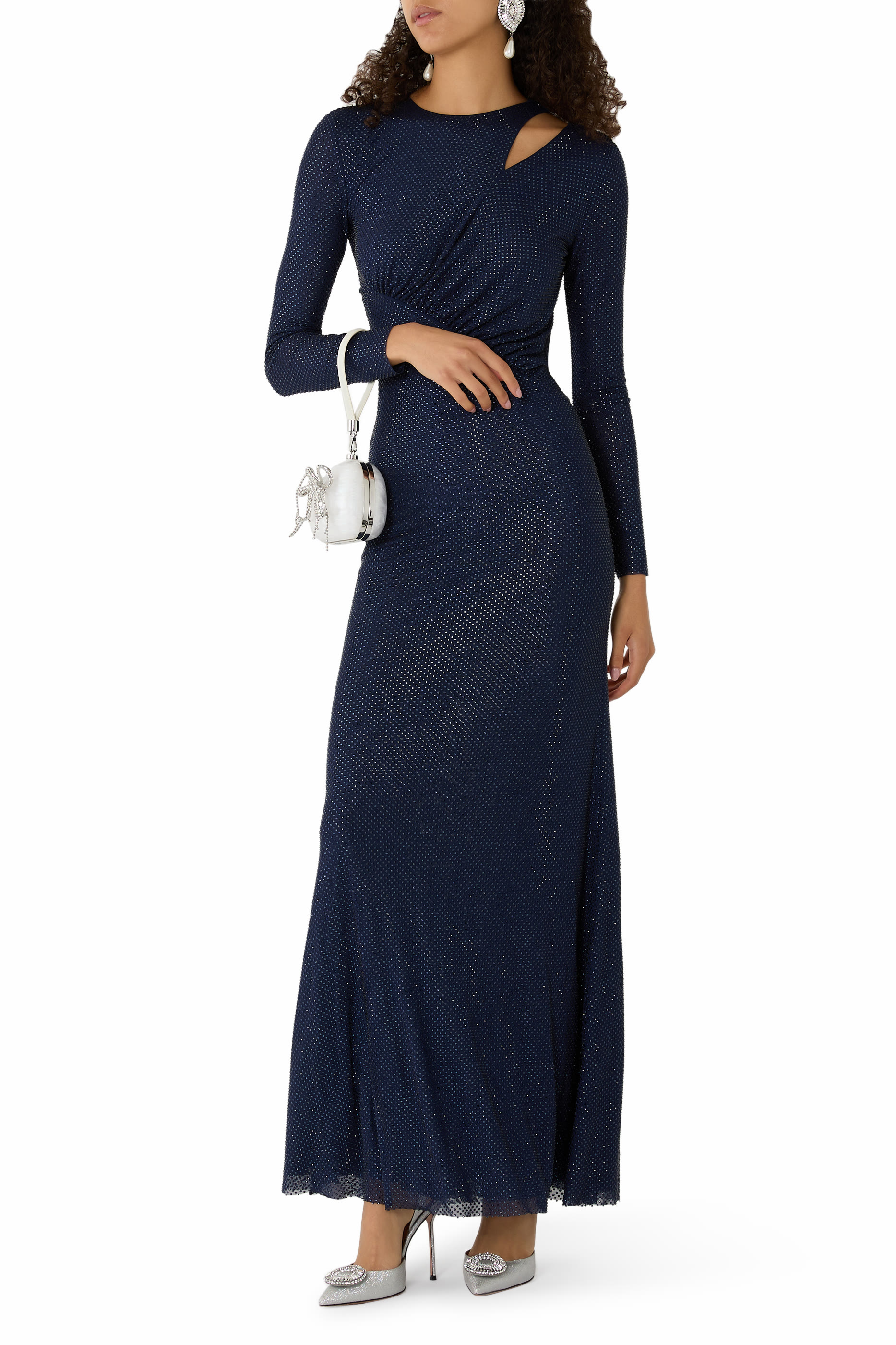 Rhinestone Mesh Cut-Out Maxi Dress