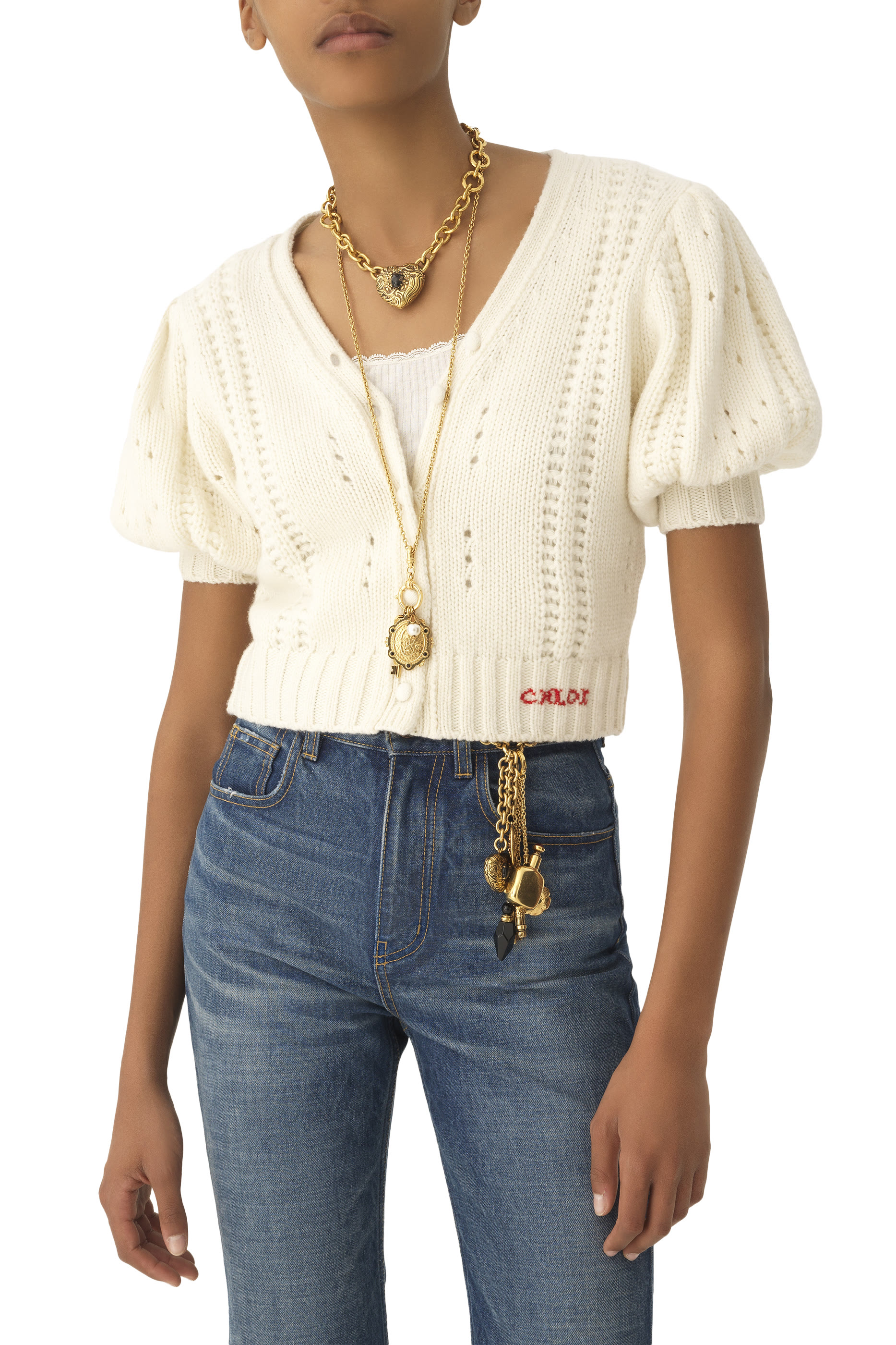 Puff-Sleeve Cardigan in Wool & Cashmere Knit 