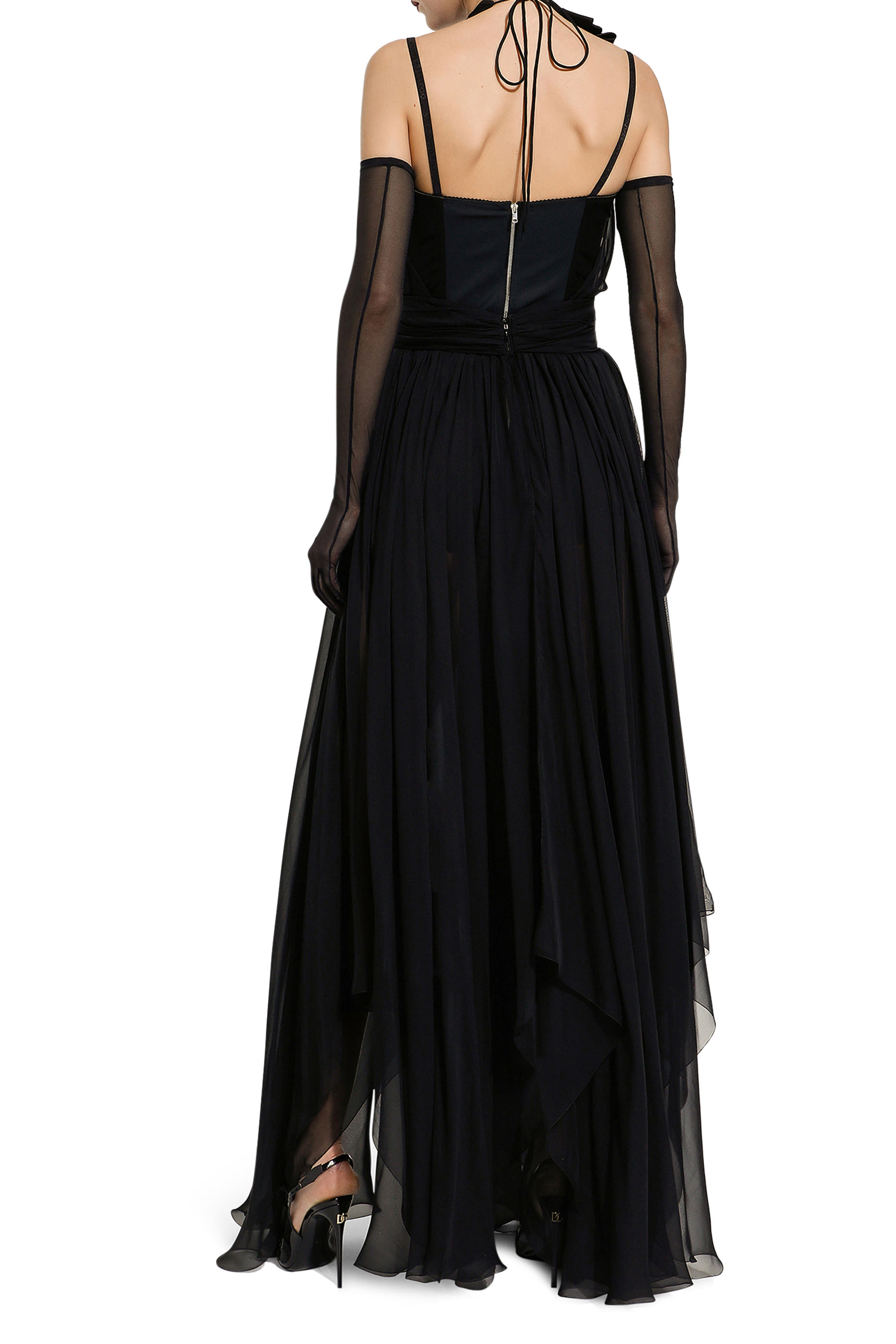 Long Silk Chiffon Dress with Floral Appliqu&eacute; 