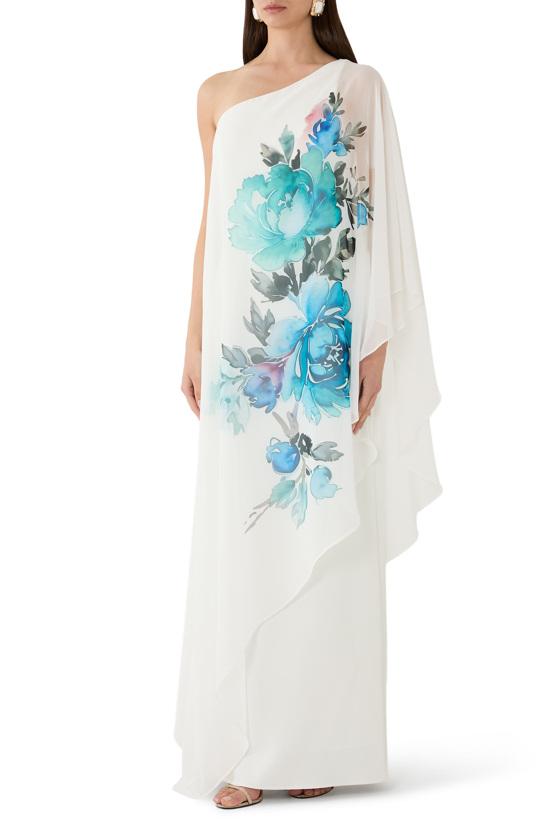  One Shoulder Chiffon Floral Print Gown 