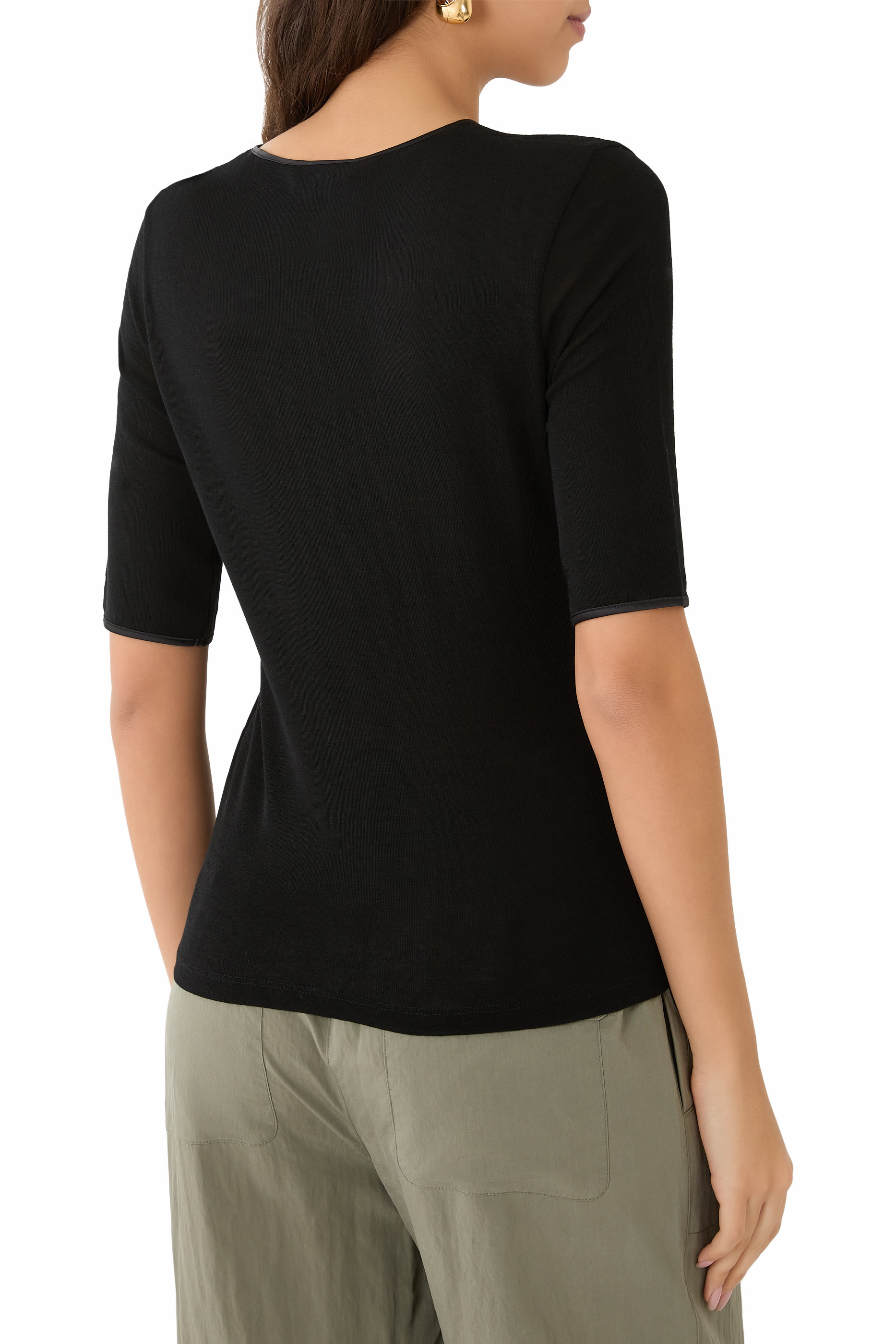 Satin-Trim Wool Elbow-Sleeve T-Shirt 