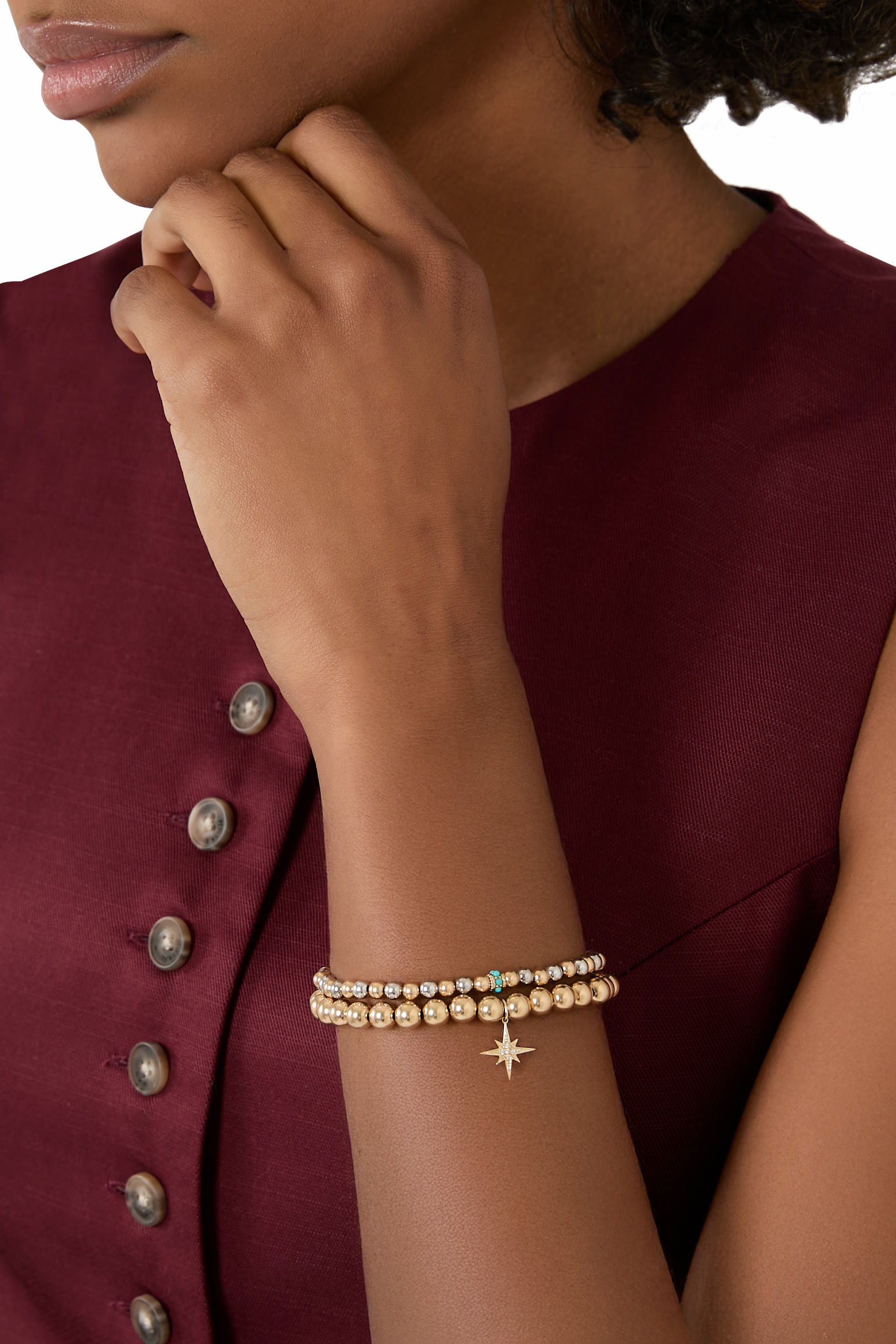  Starburst Charm Beaded Bracelet, 14K Yellow Gold & Diamonds