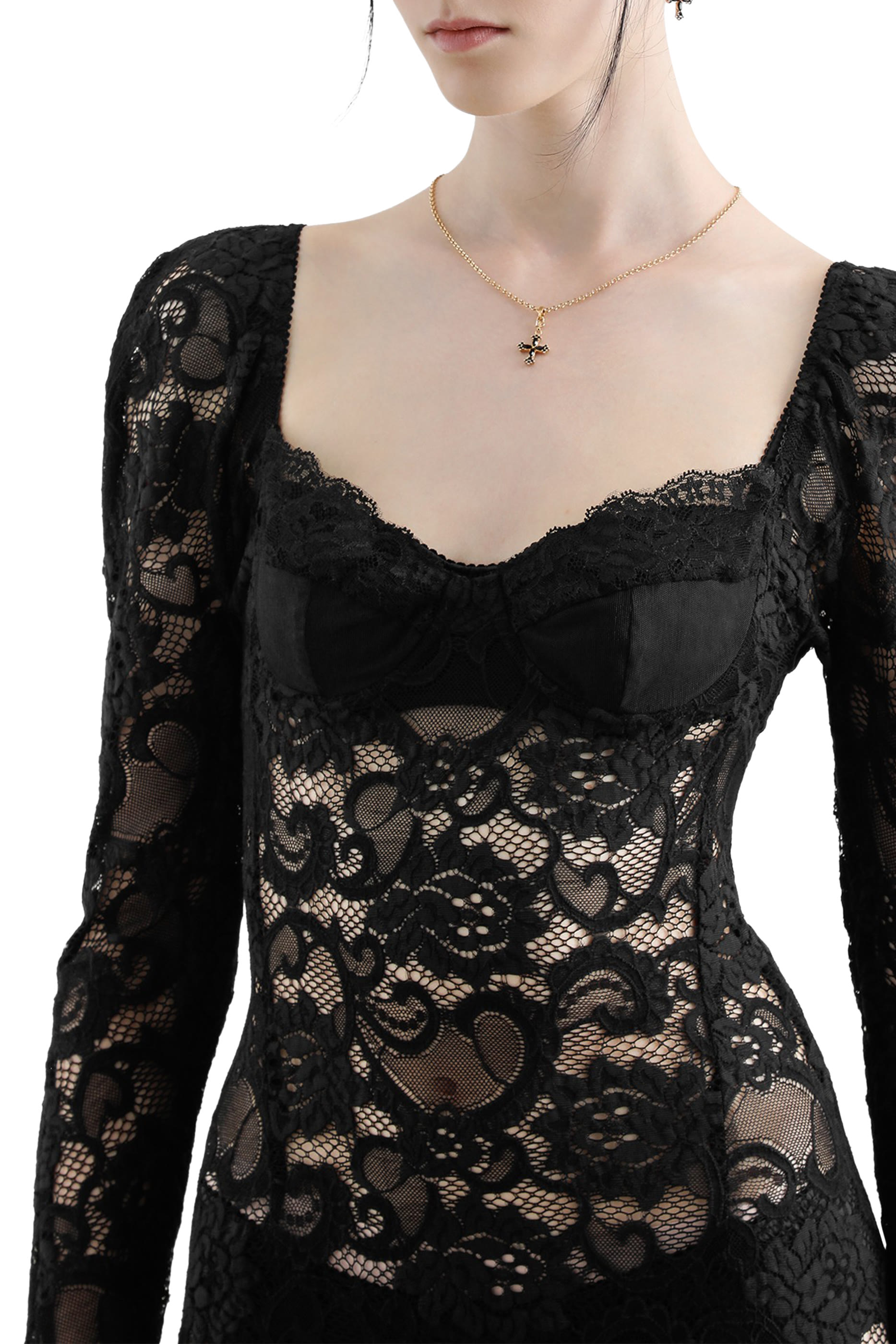 Lace Long-sleeved Calf-length Dress