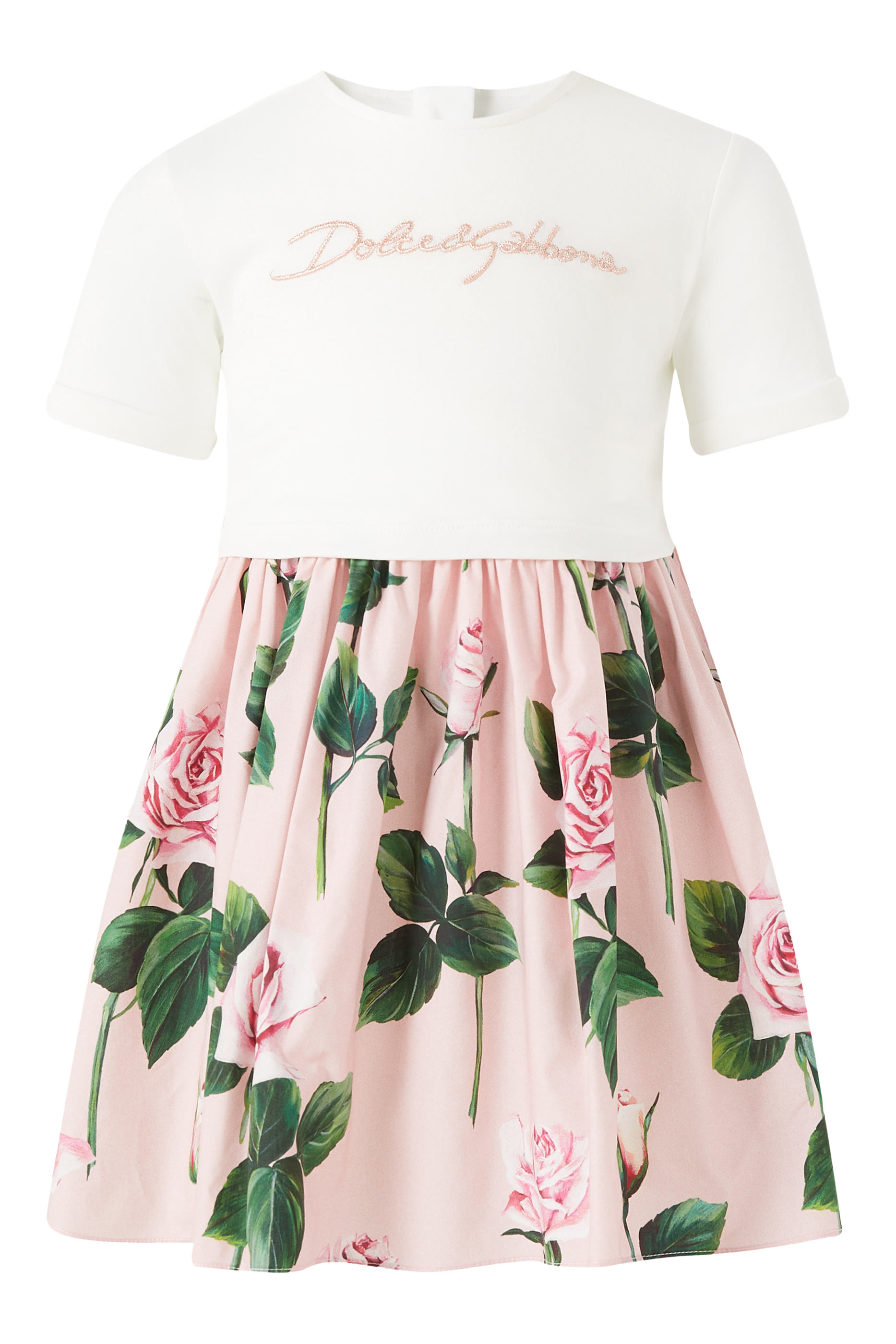 Kids Rose Print Poplin and Jersey Dress