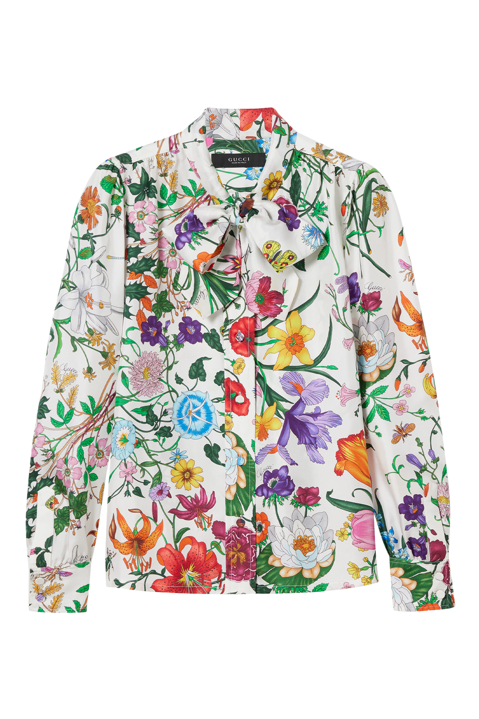 Printed Silk Twill Shirt with Bow