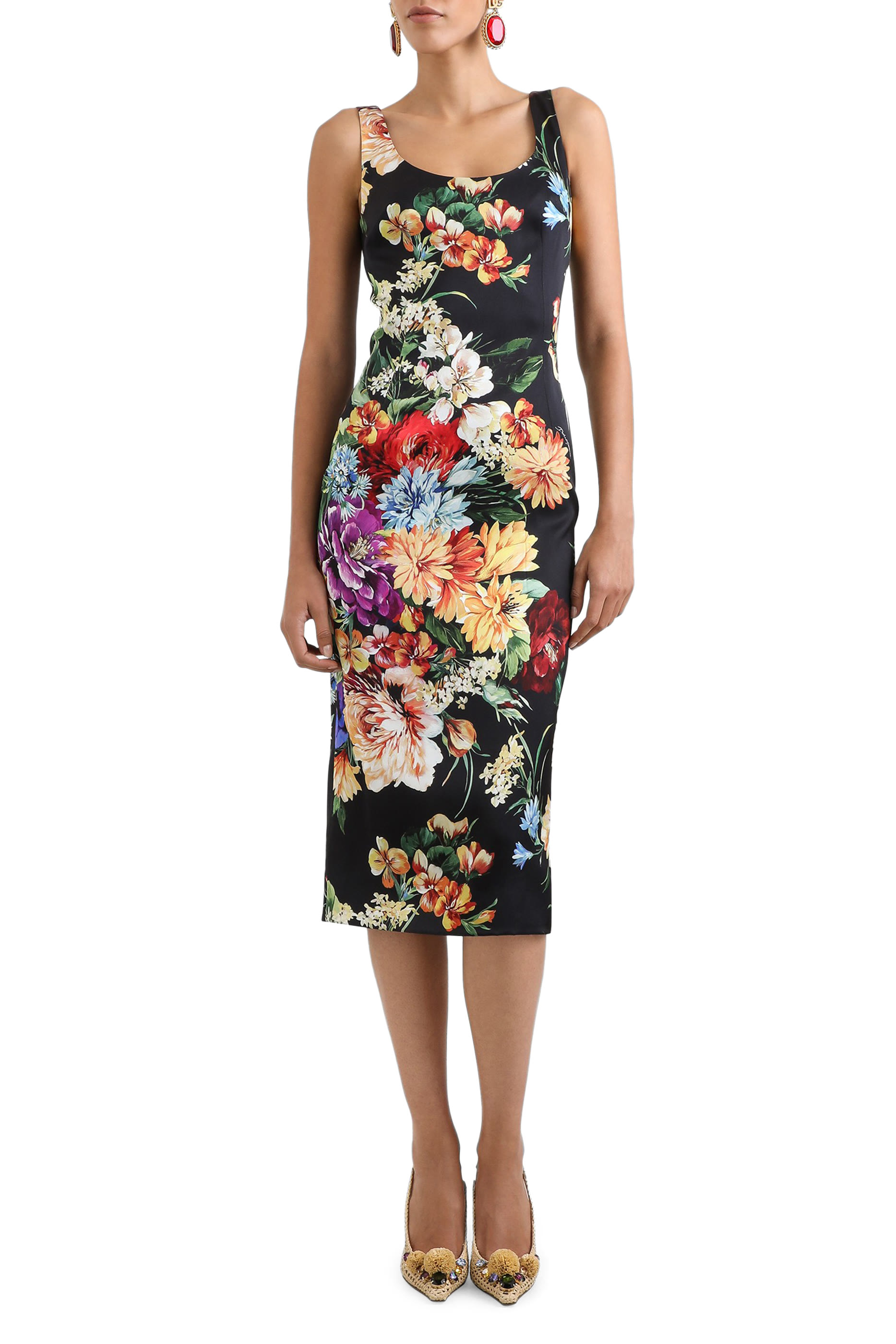 Floral-Print Fitted Satin Dress