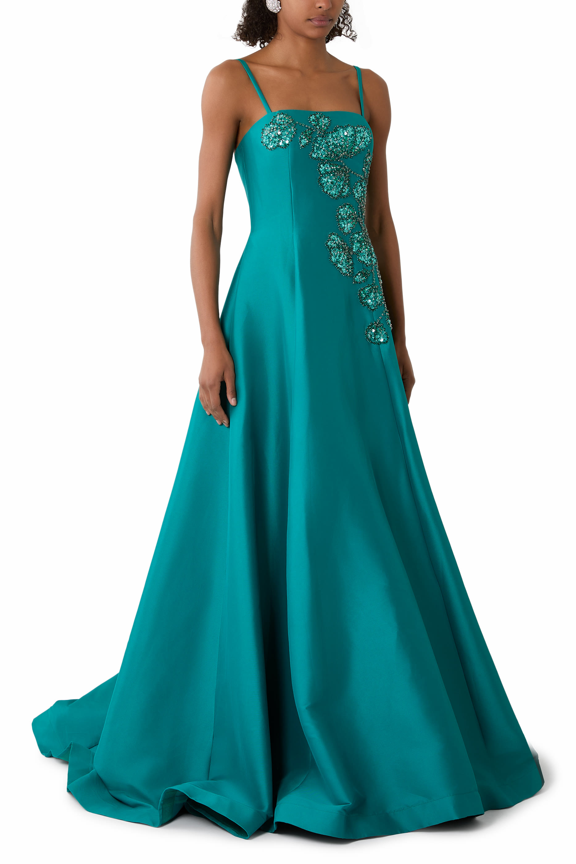 Intricate Floral Appliqu&eacute; Strapless A-Line Gown