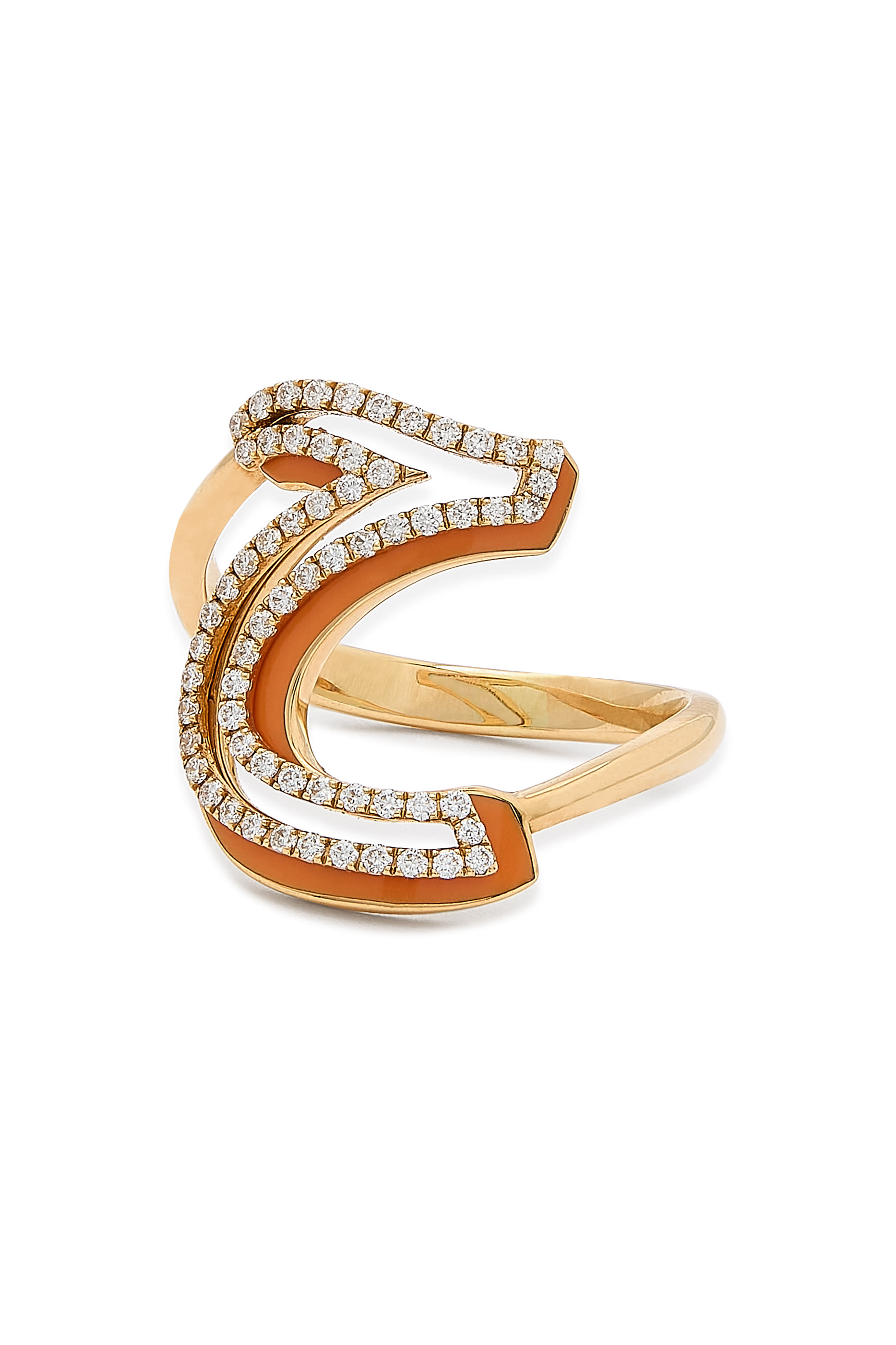 Arabic Letter Ring, 18k Yellow Gold with Orange Enamel & Diamonds 