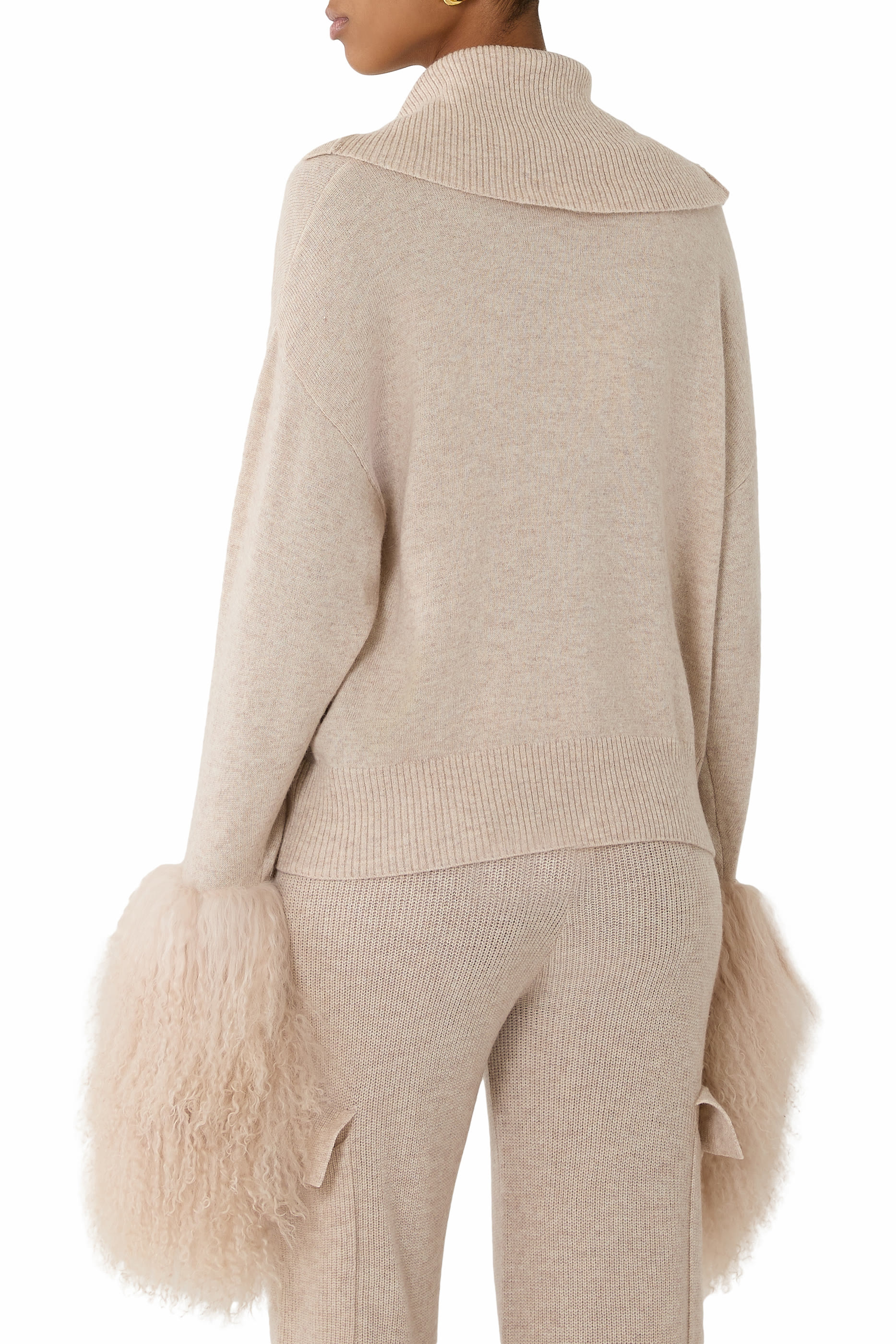 High-Neck Shearling-Cuff Cardigan