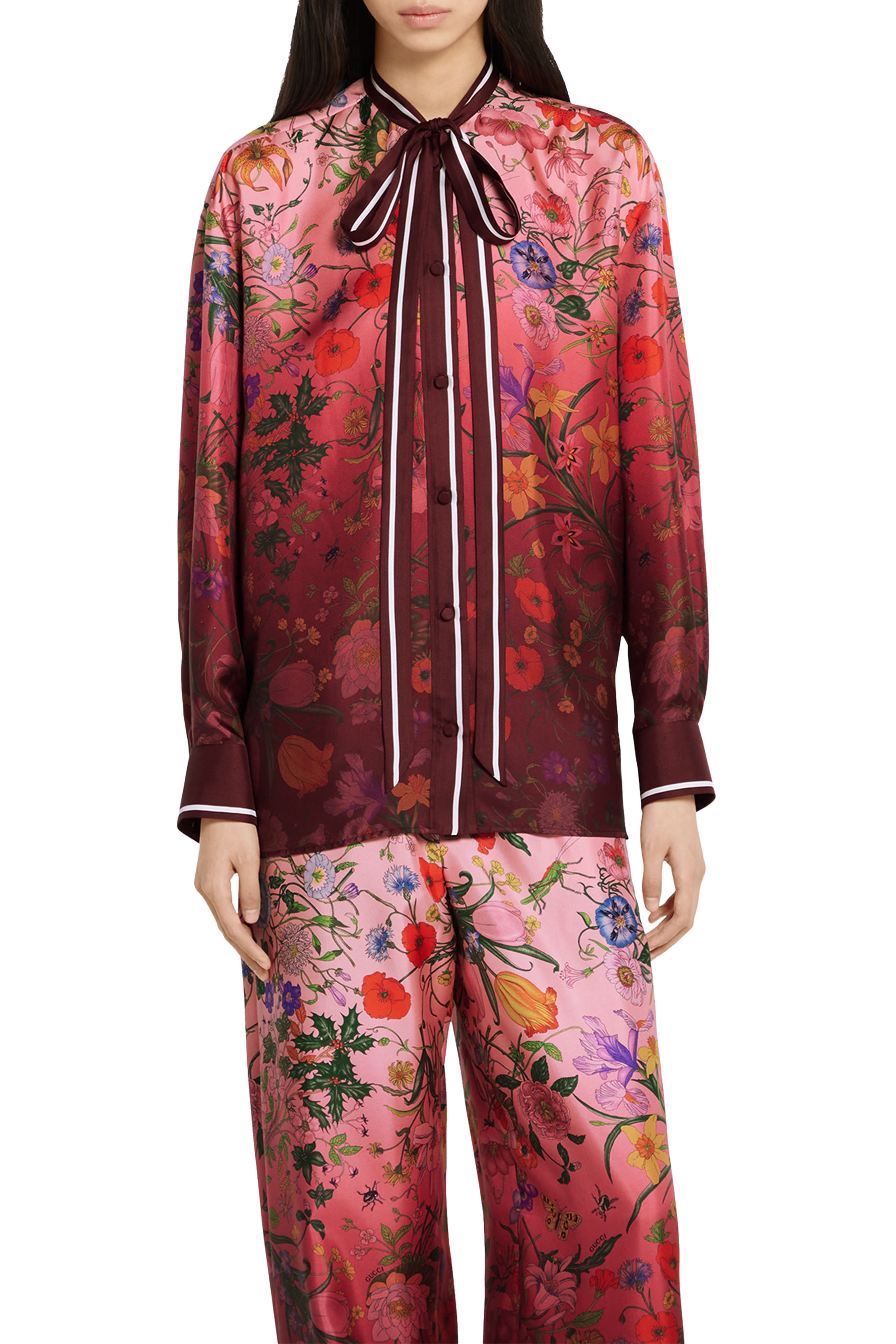 Neck Bow Printed Silk Shirt