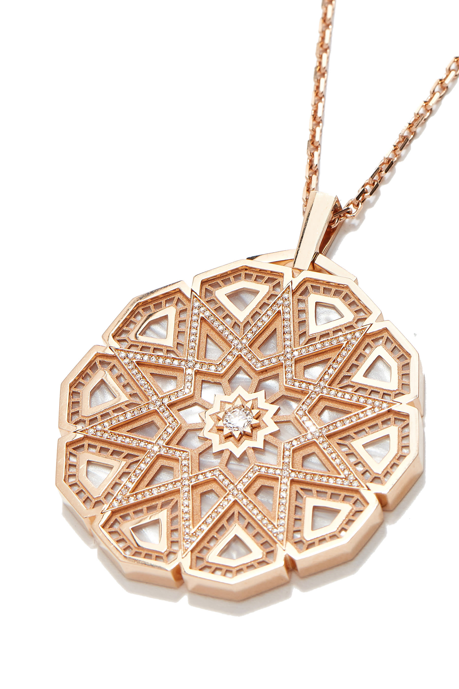 Classic Turath Medallion Necklace, 18k Pink Gold & Diamonds