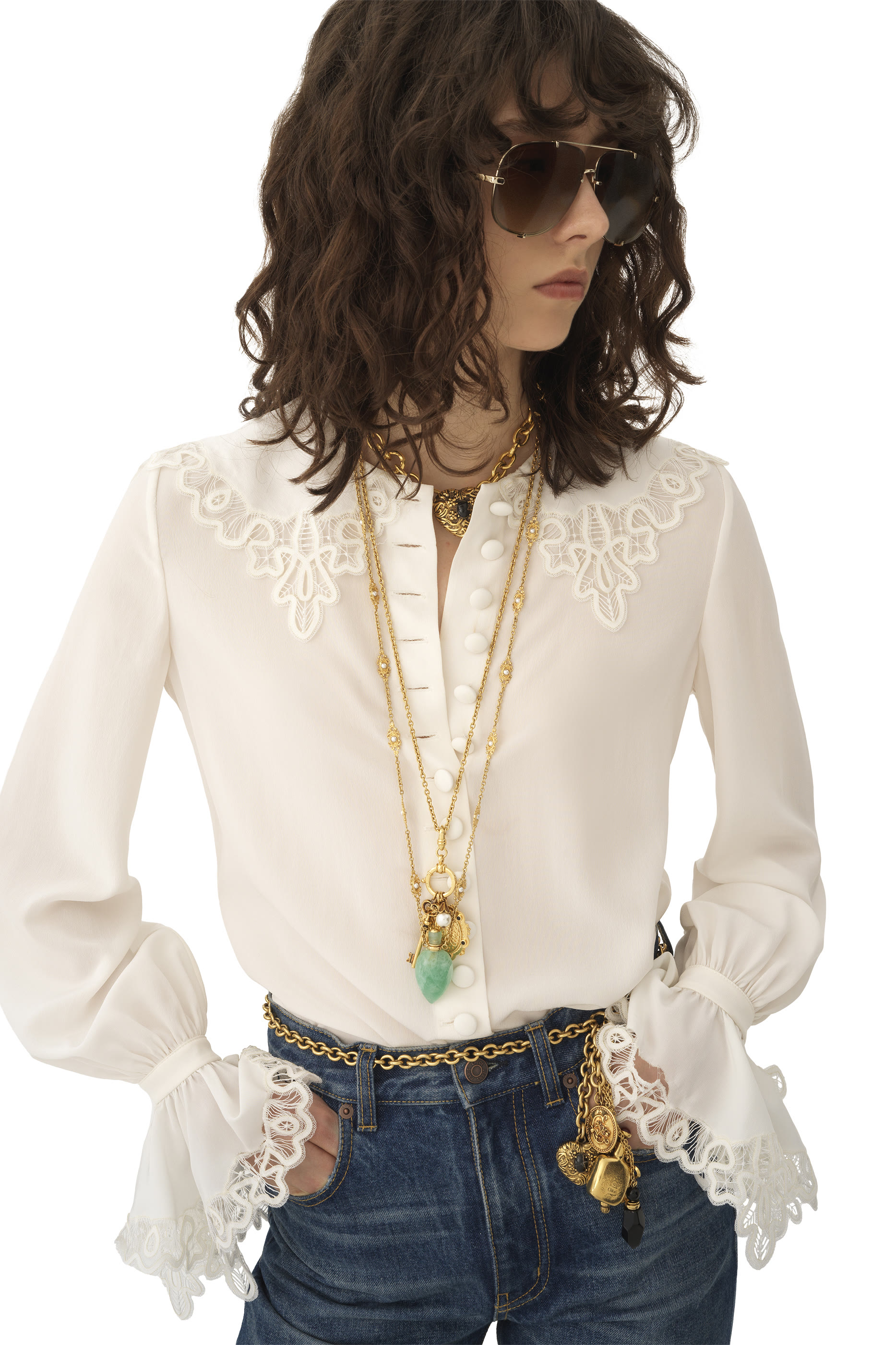  Fluid Blouse in Cr&ecirc;pe de Chine & Lace