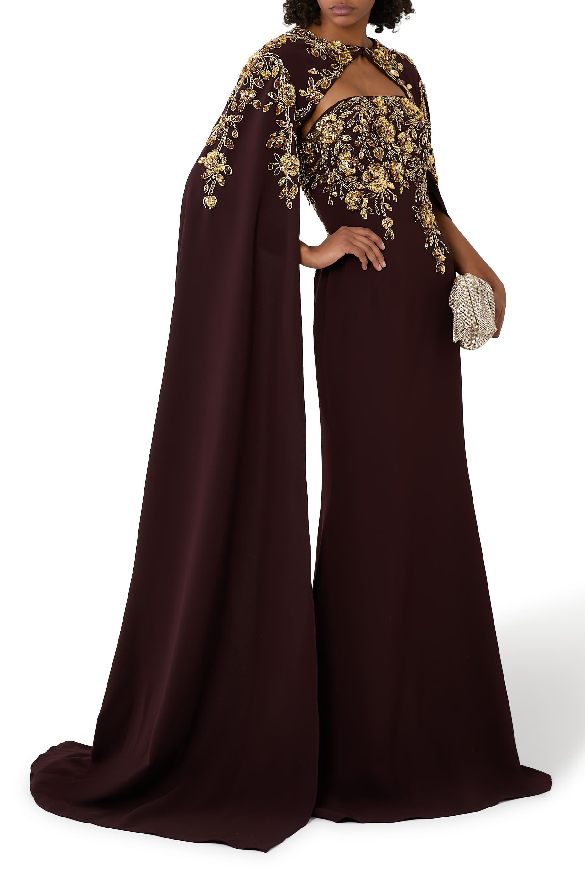 Embroidered Column Gown with Cape Sleeves