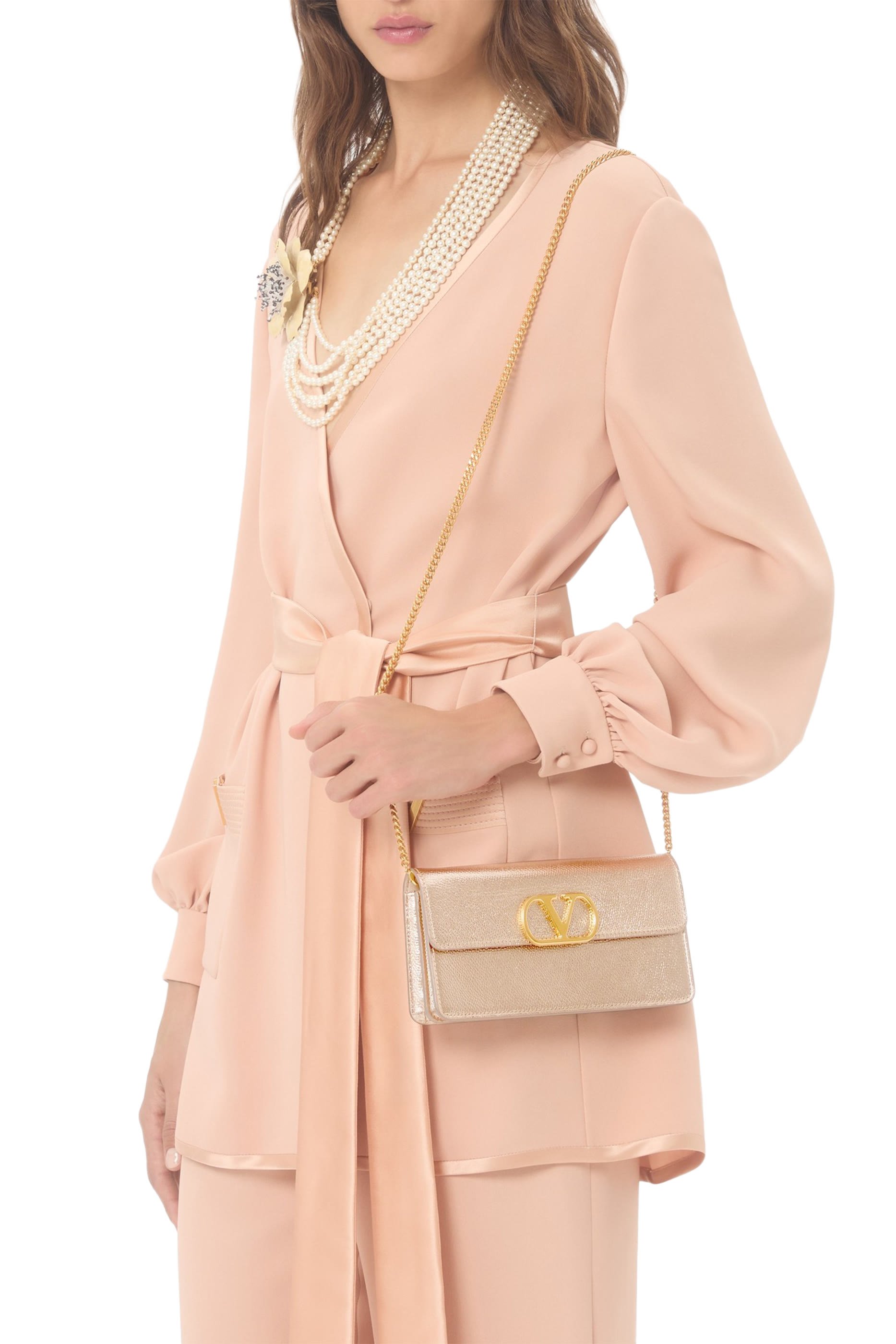 Vlogo Signature Metallic Grainy Calfskin Wallet With Chain