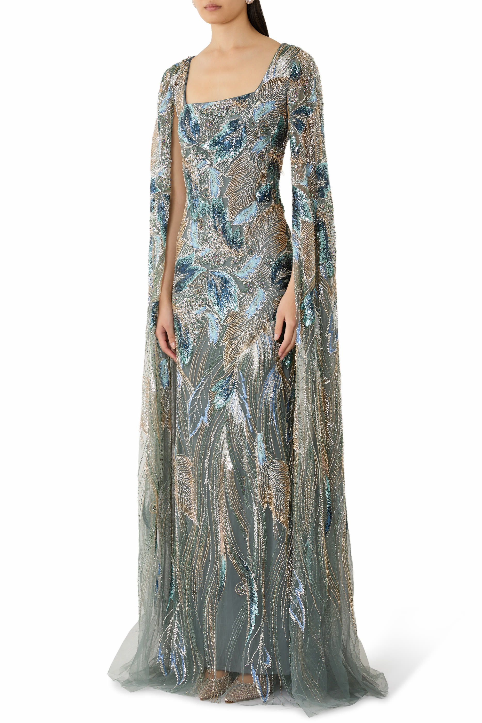 Beaded Cape Sleeves Gown