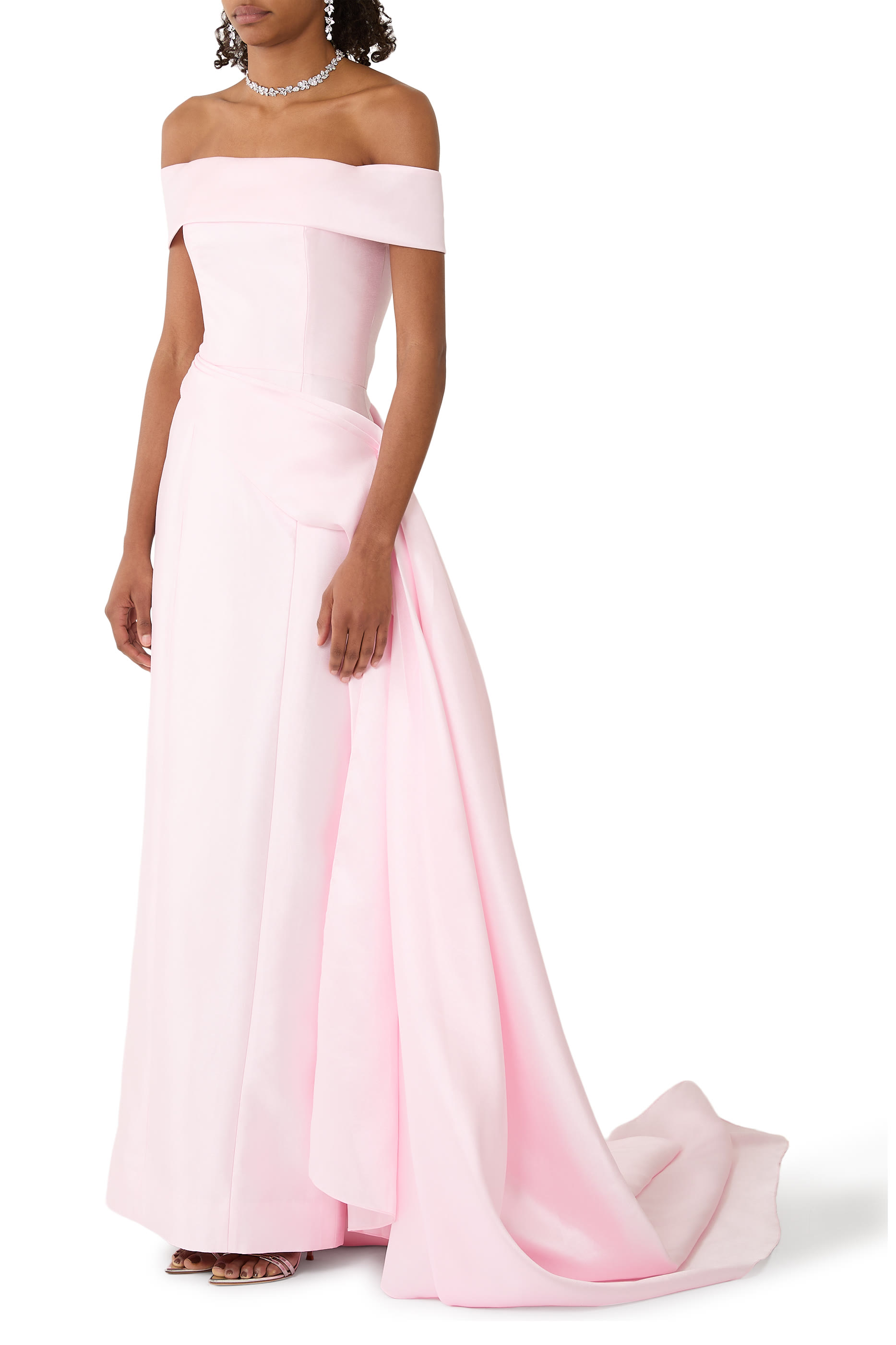 Off-Shoulder Skinny Mikado Gown with Side Train