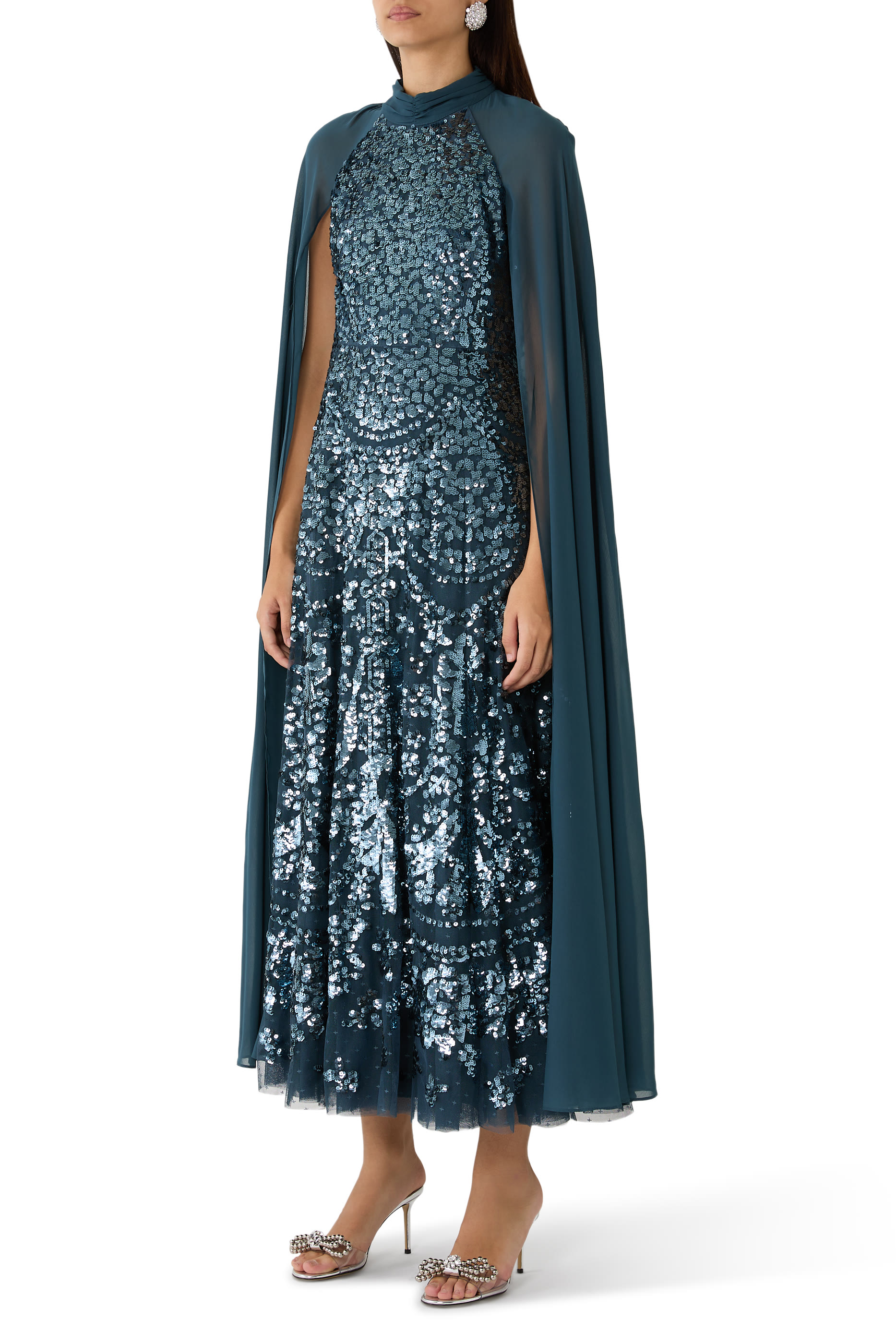 Chandelier Sequins Cape Evening Dress