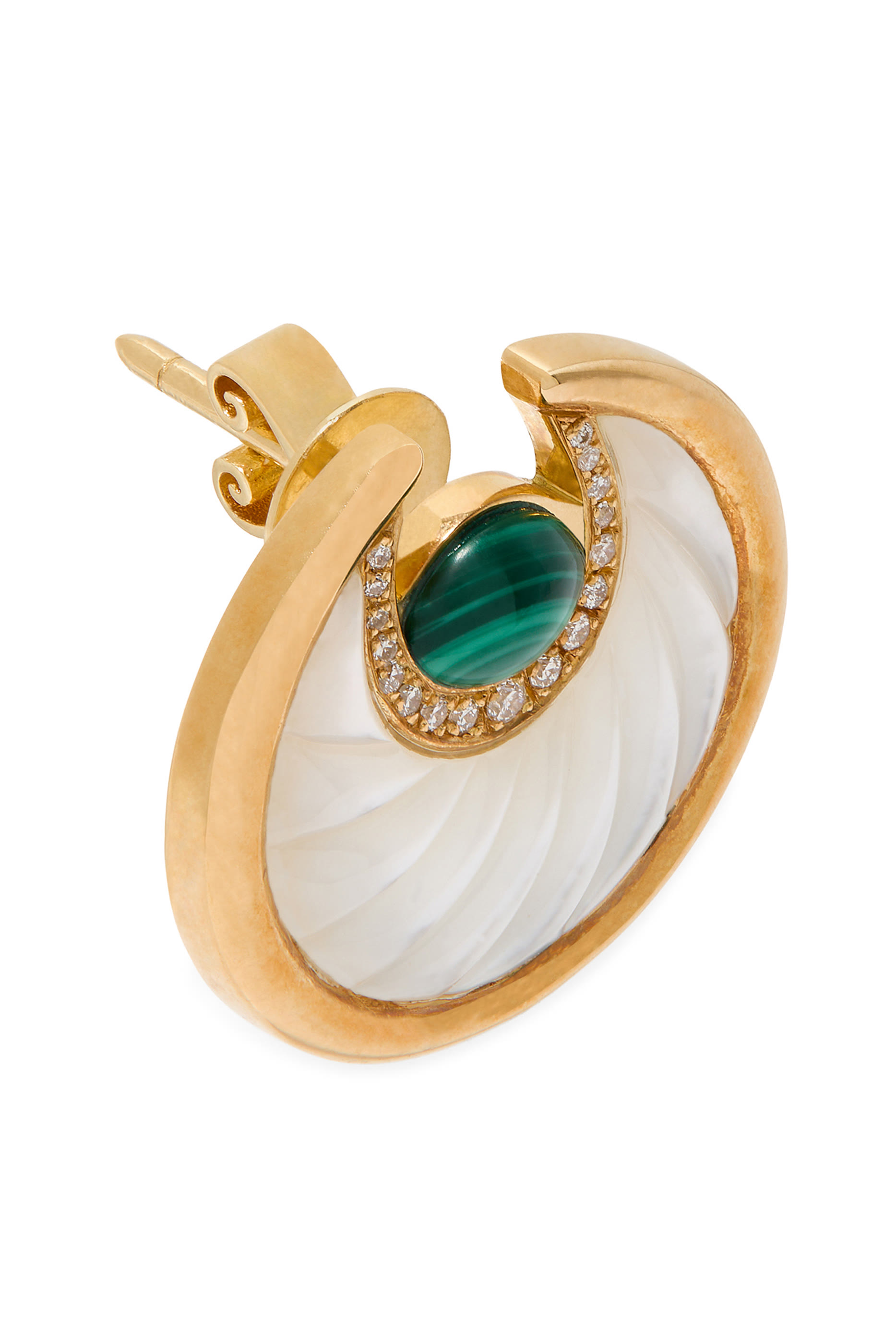 Circus Moon Earrings, 18K Yellow Gold with White Diamond, Mother of Pearl & Malachite
