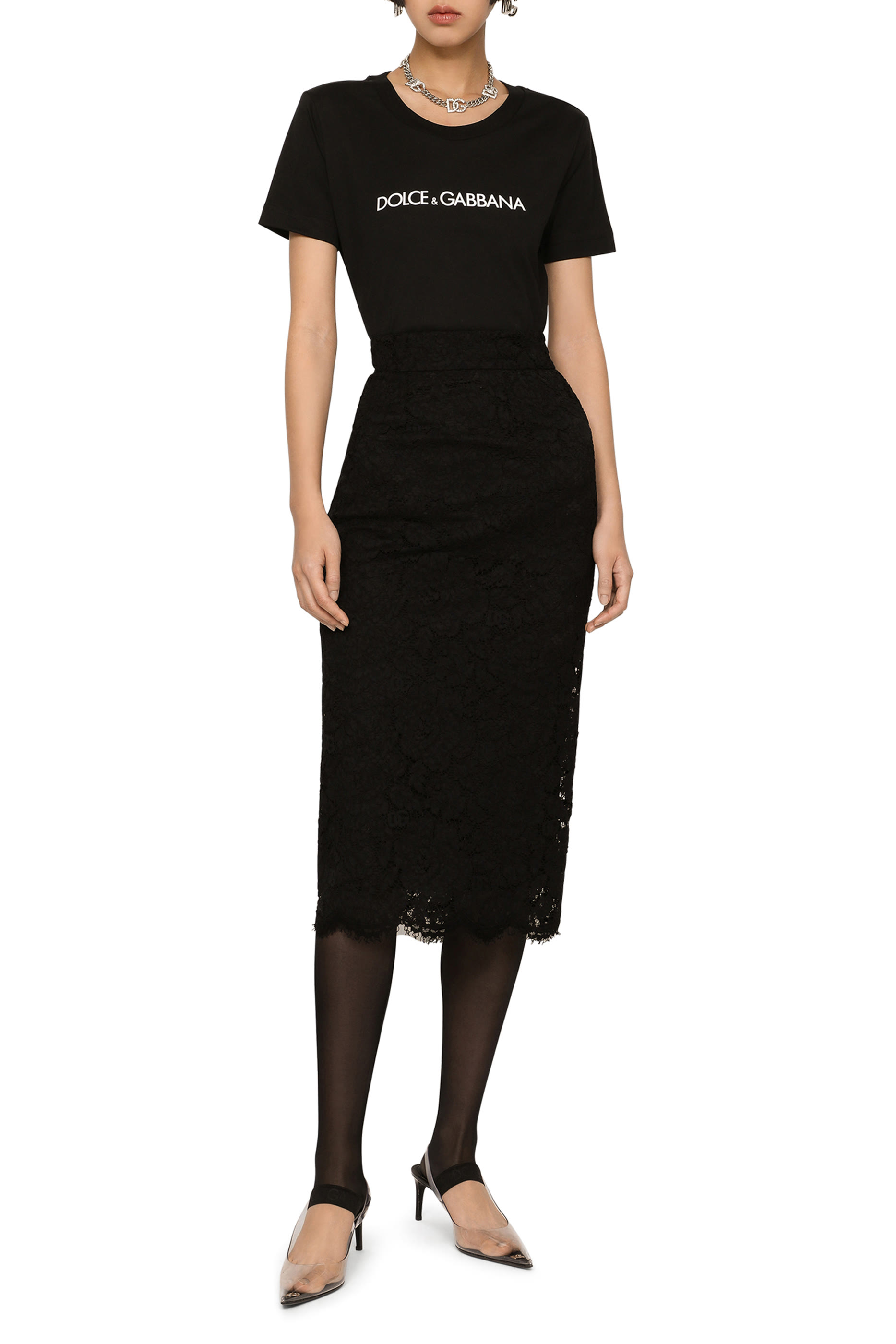 Branded Stretch Lace Midi Skirt