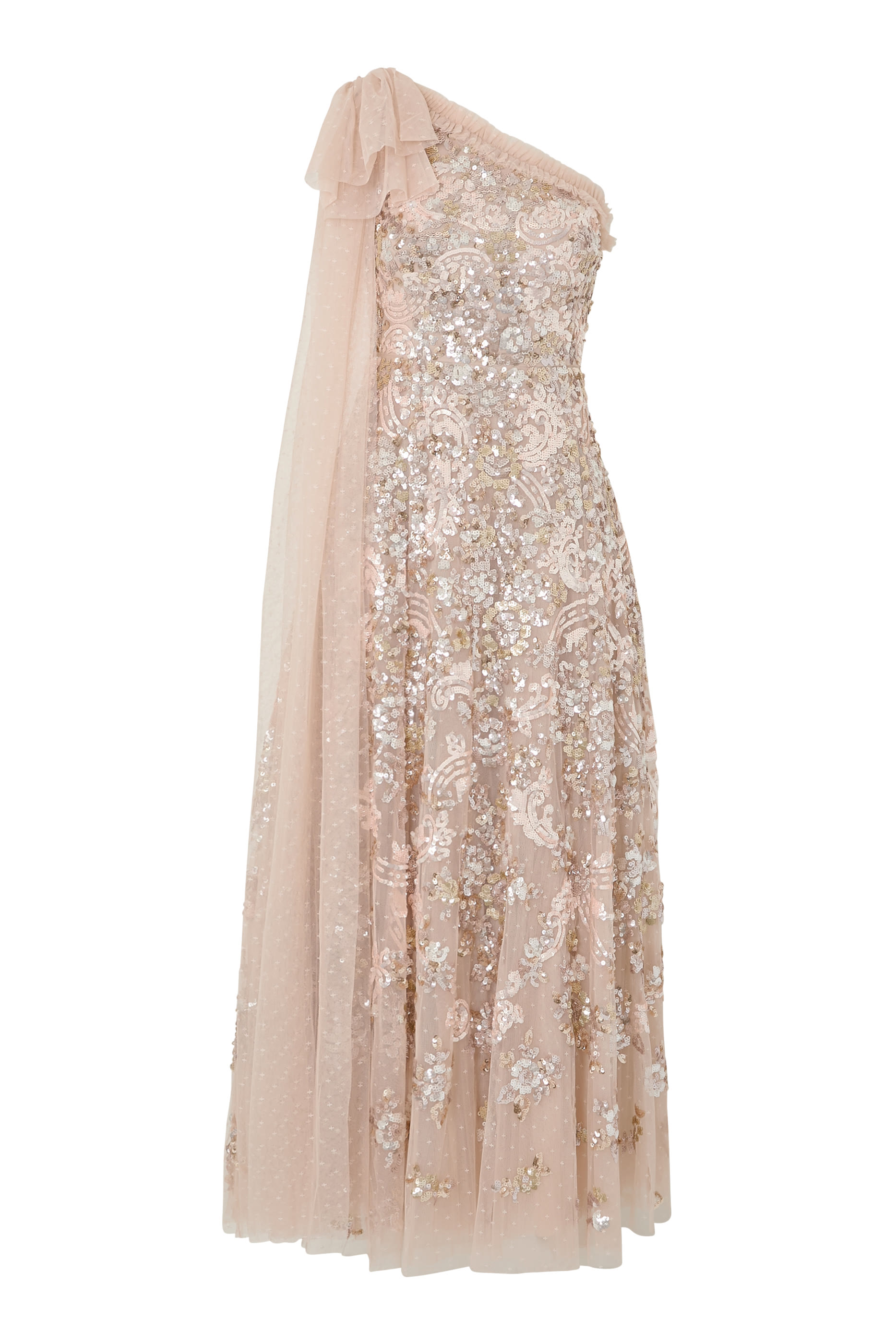 Baroque Floral One-Shoulder Bow Ankle Gown